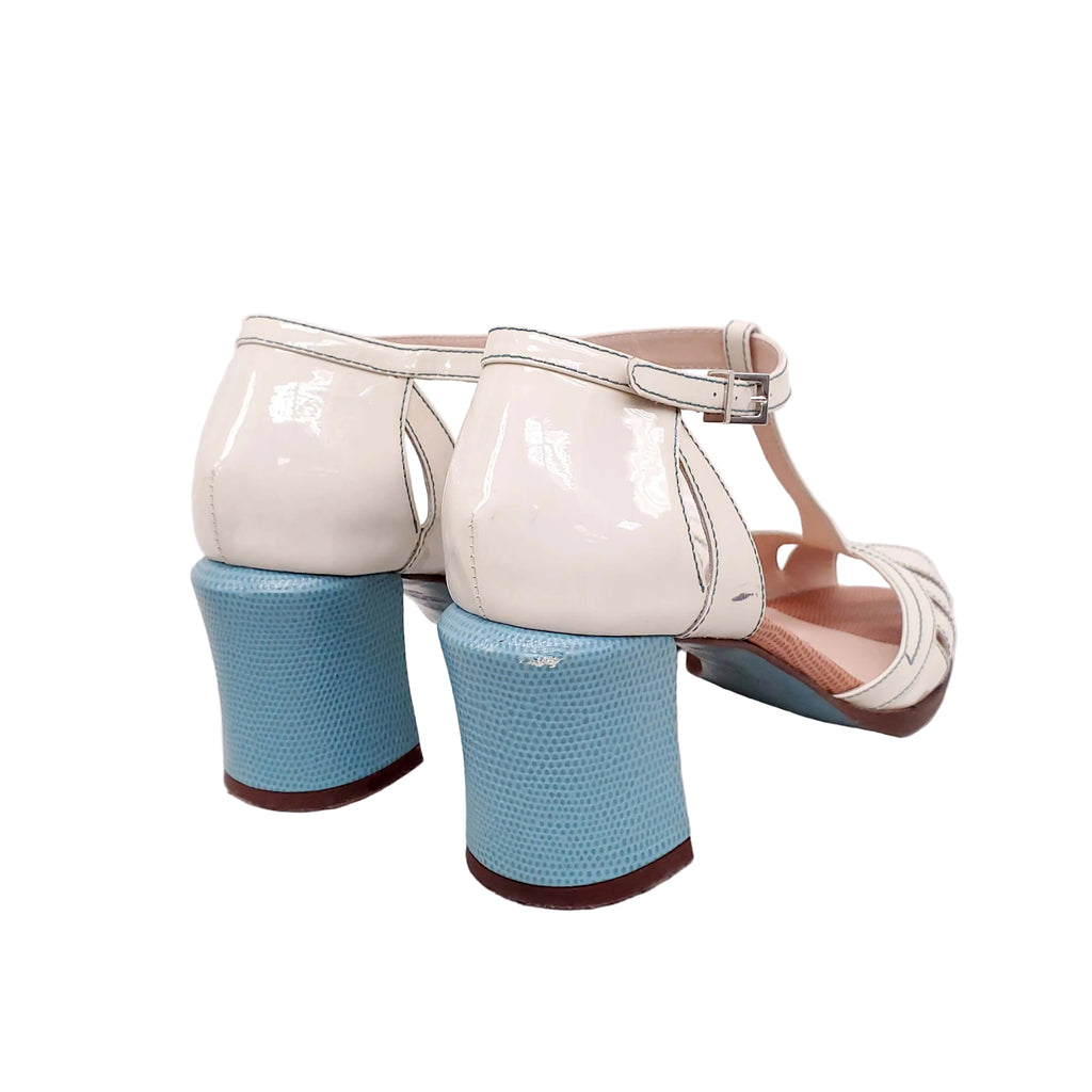 FENDI CREAM HEELS WITH TURQUOISE  - SIZE 38.5