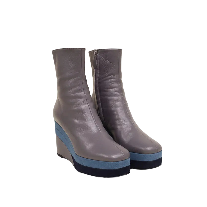 HERMÈS LEATHER ANKLE BOOTS IN GREY AND BLUE VELVET - SIZE 39