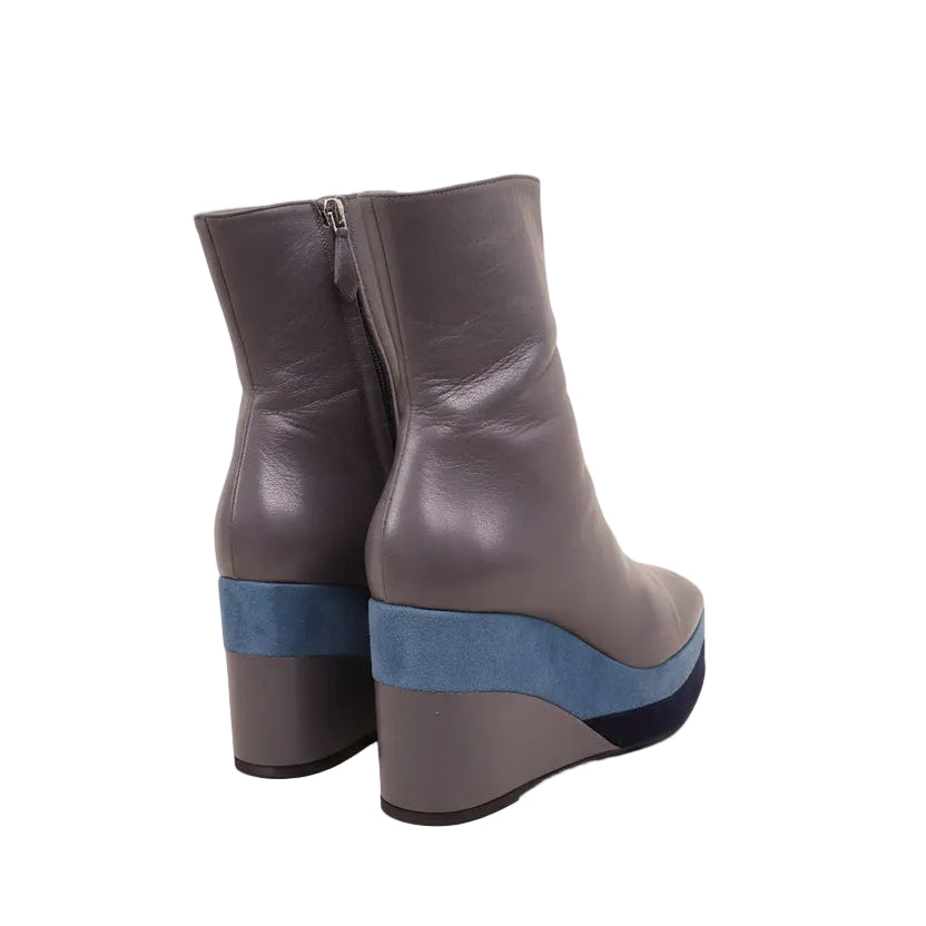 HERMÈS LEATHER ANKLE BOOTS IN GREY AND BLUE VELVET - SIZE 39