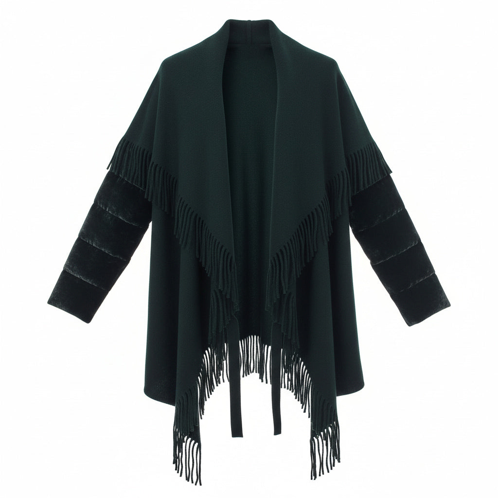 MONCLER GREEN CAPE COAT WITH VELVET SLEEVE - SIZE L