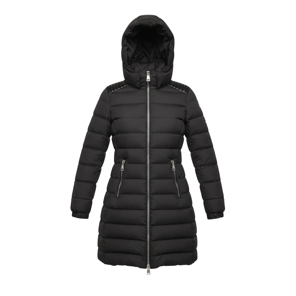 MONCLER FOREST GREEN LONG JACKET WITH LEATHER SHOULDER DETAIL - SIZE 0 (XS)