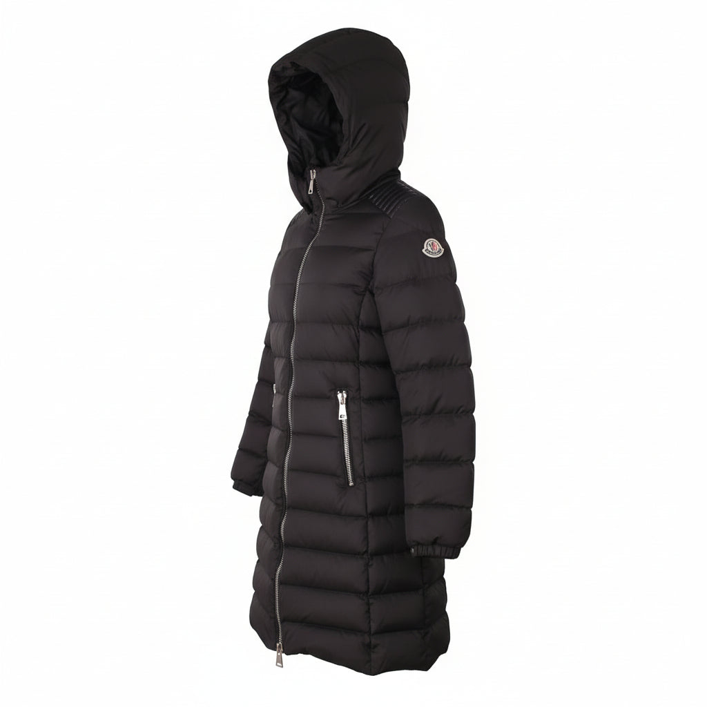 MONCLER FOREST GREEN LONG JACKET WITH LEATHER SHOULDER DETAIL - SIZE 0 (XS)