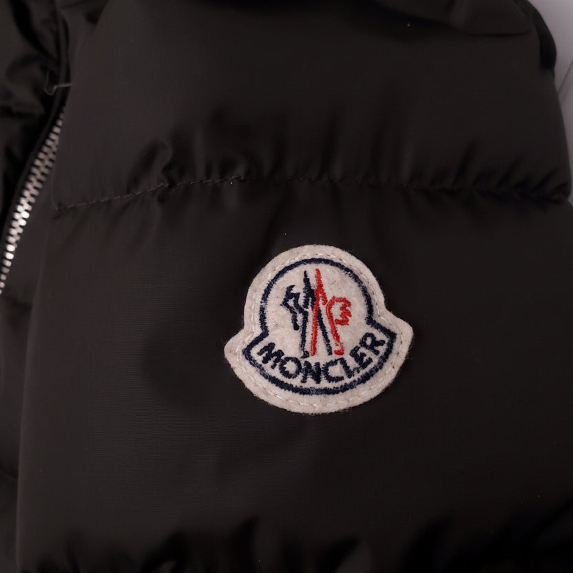 MONCLER FOREST GREEN LONG JACKET WITH LEATHER SHOULDER DETAIL - SIZE 0 (XS)