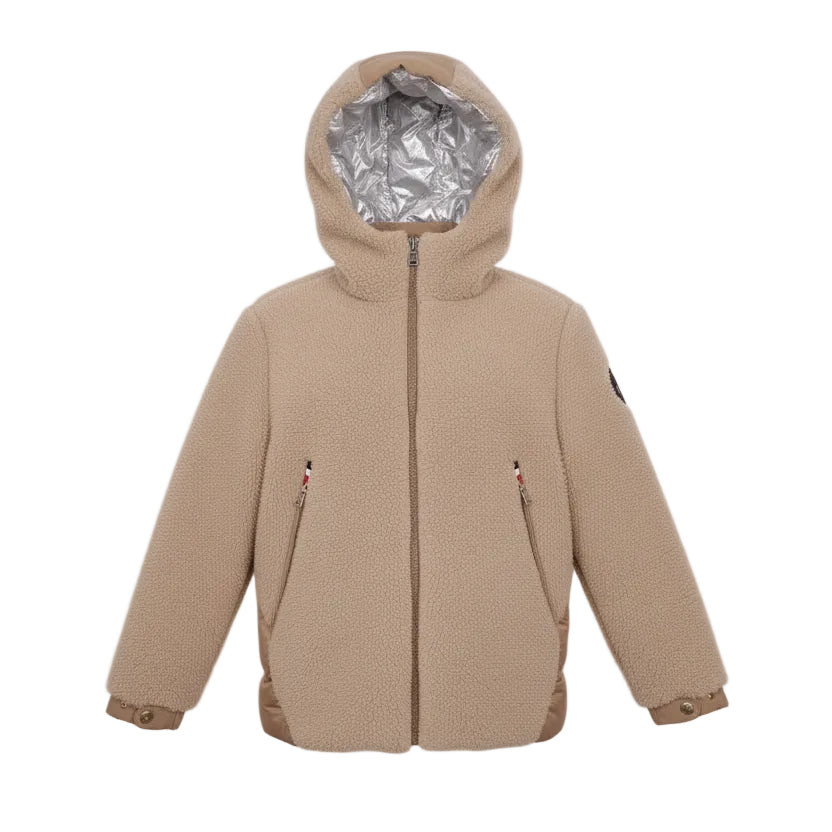 MONCLER CAMEL GIZEM HOODED FLEECE AND DOWN JACKET - SIZE 10Y (XXS)