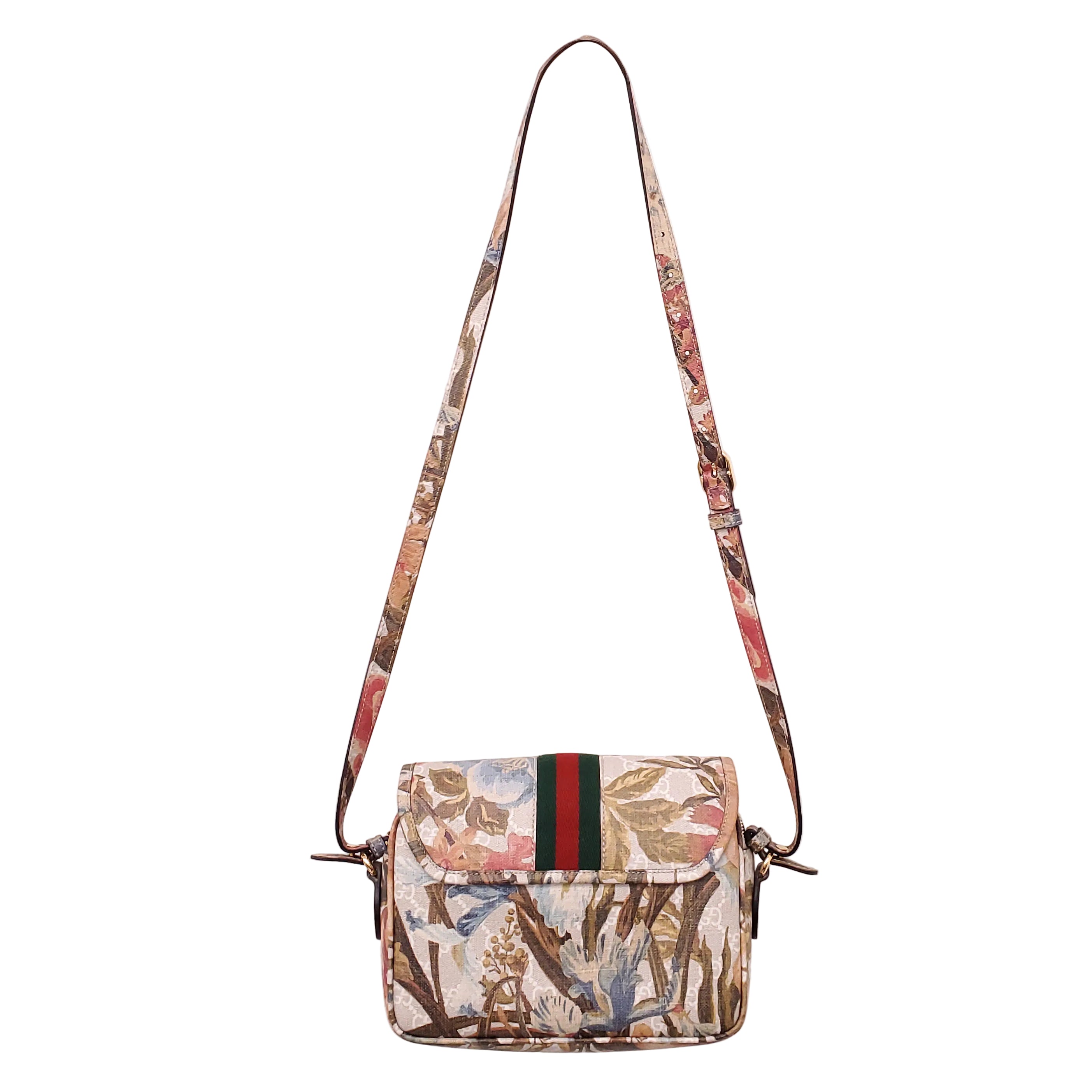 GUCCI GG SUPREME WATER FLORA WEB SMALL OPHIDIA FLAP SHOULDER BAG