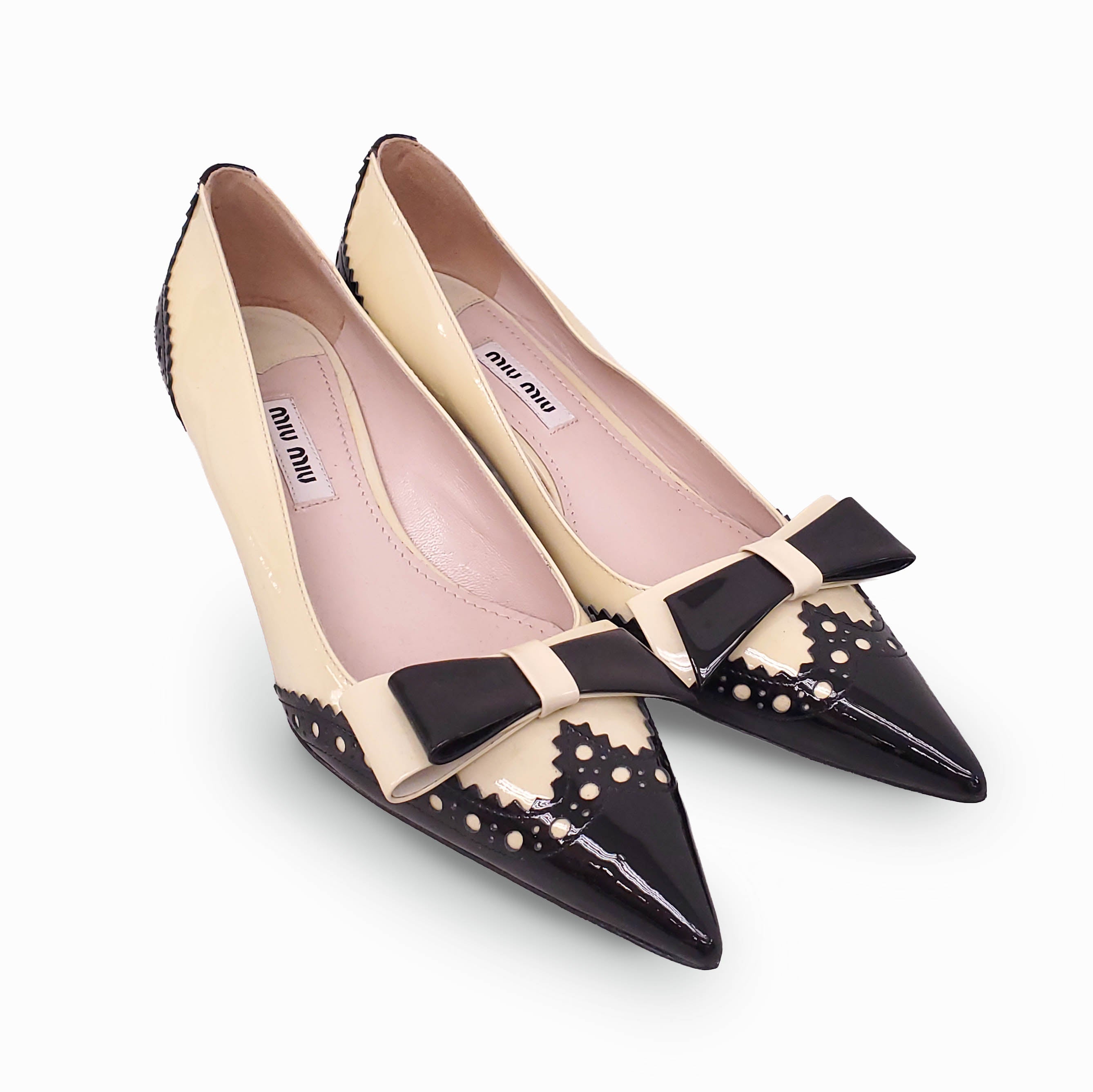 MIU MIU BEIGE AND BLACK SPECTATOR KITTEN HEELS - SIZE 35.5