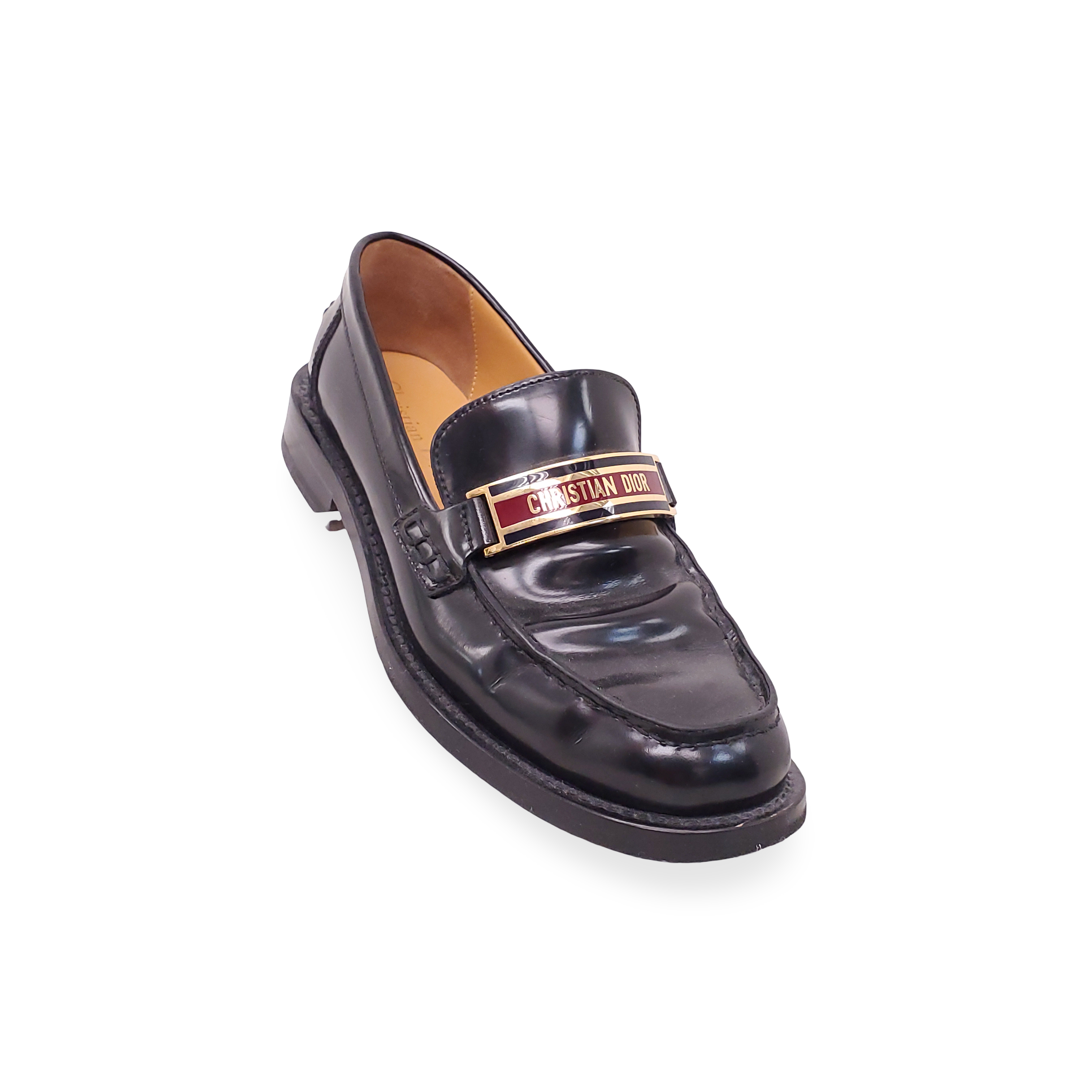 CHRISTIAN DIOR BLACK PATENT LOAFERS WITH RED LOGO - SIZE 35.5