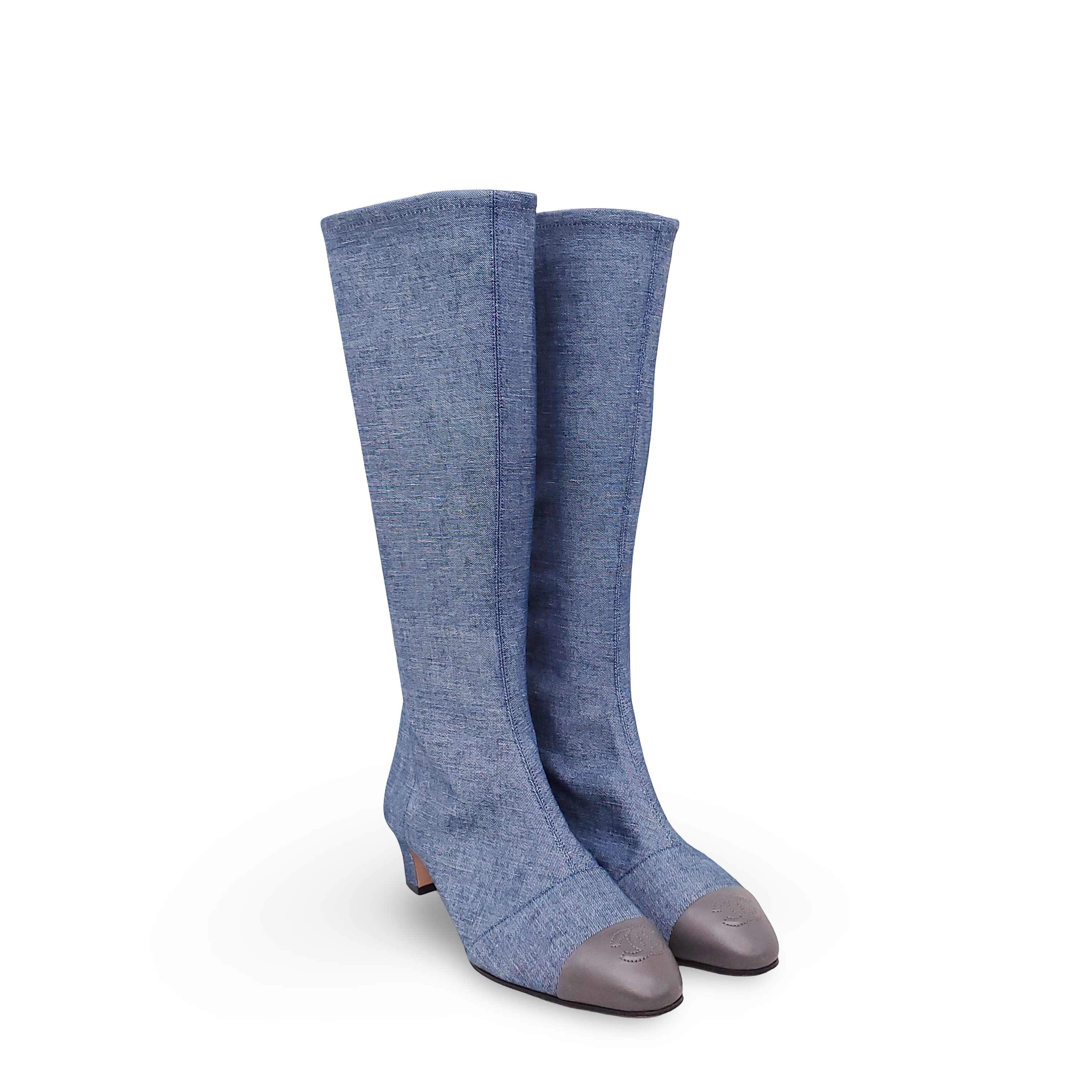 CHANEL DENIM BOOTS WITH LOGO CAP TOE - SIZE 37