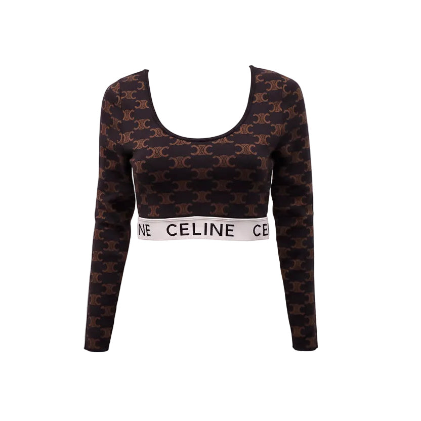 CELINE BROWN MONOGRAM CROPPED KNIT SHIRT - SIZE S