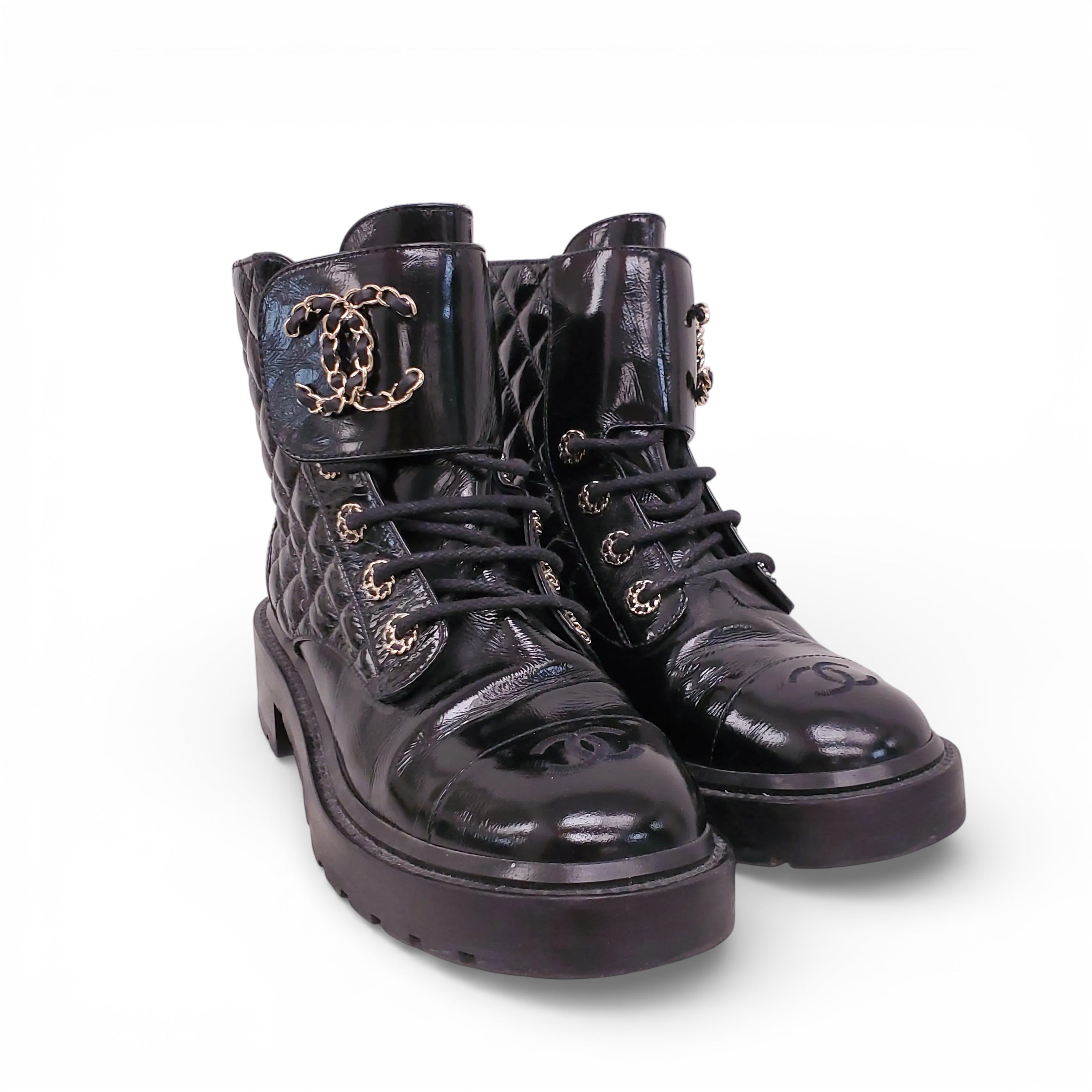 CHANEL 2022 BLACK PATENT QUILTED COMBAT BOOTS - SIZE 39C