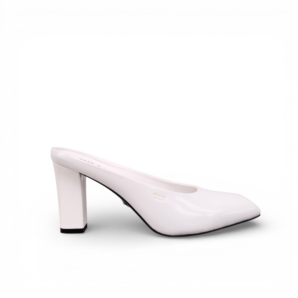 PRADA WHITE HEELED MULES WITH GOLD LOGO - SIZE 40