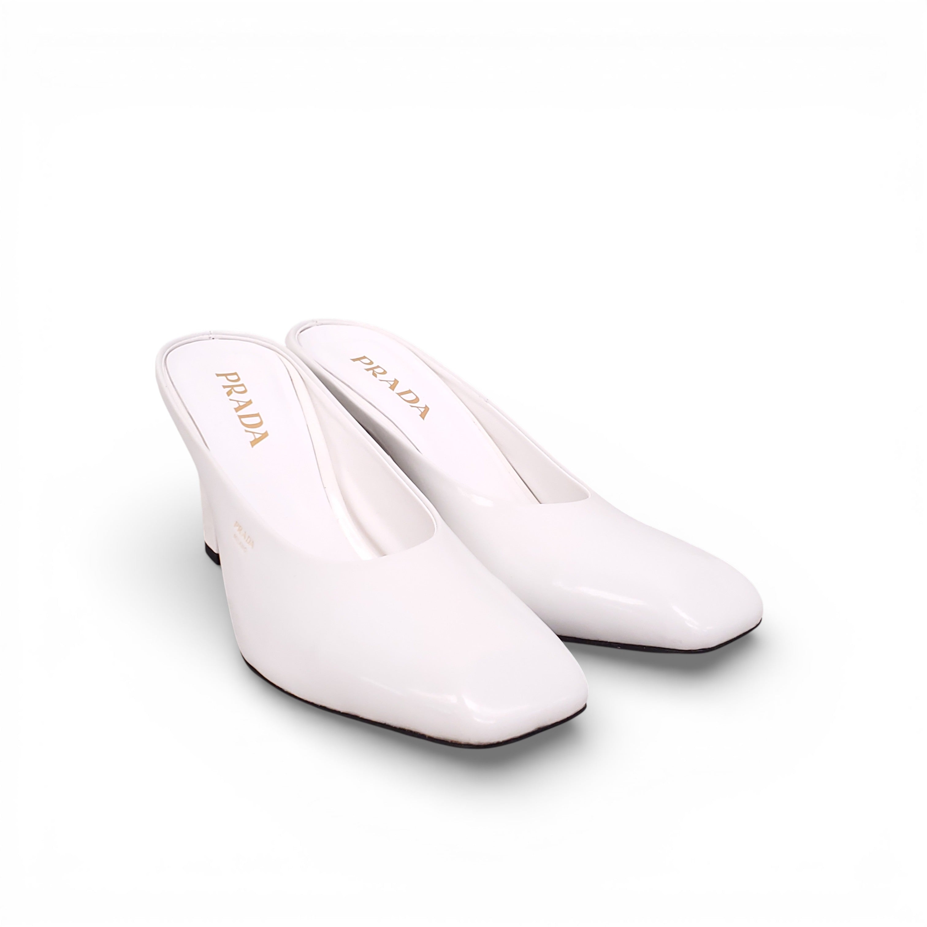 PRADA WHITE HEELED MULES WITH GOLD LOGO - SIZE 40