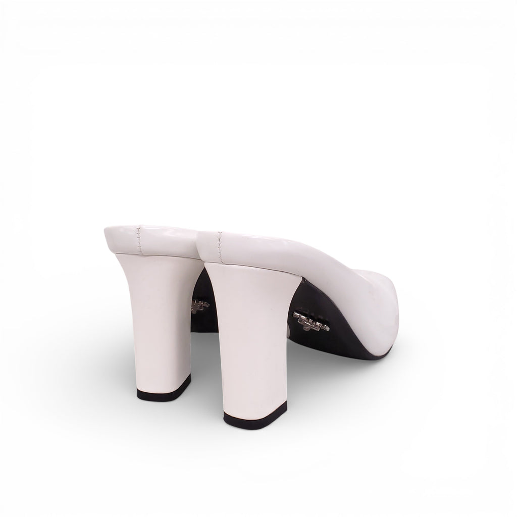 PRADA WHITE HEELED MULES WITH GOLD LOGO - SIZE 40