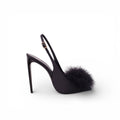SAINT LAURENT BLACK SILK BLANCO FAUX FUR HEELS - SIZE 39