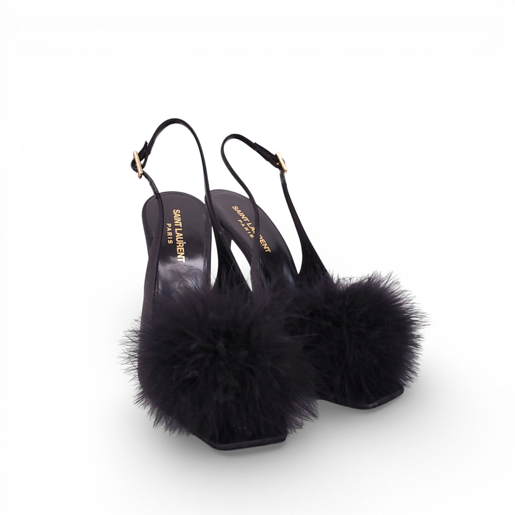 SAINT LAURENT BLACK SILK BLANCO FAUX FUR HEELS - SIZE 39