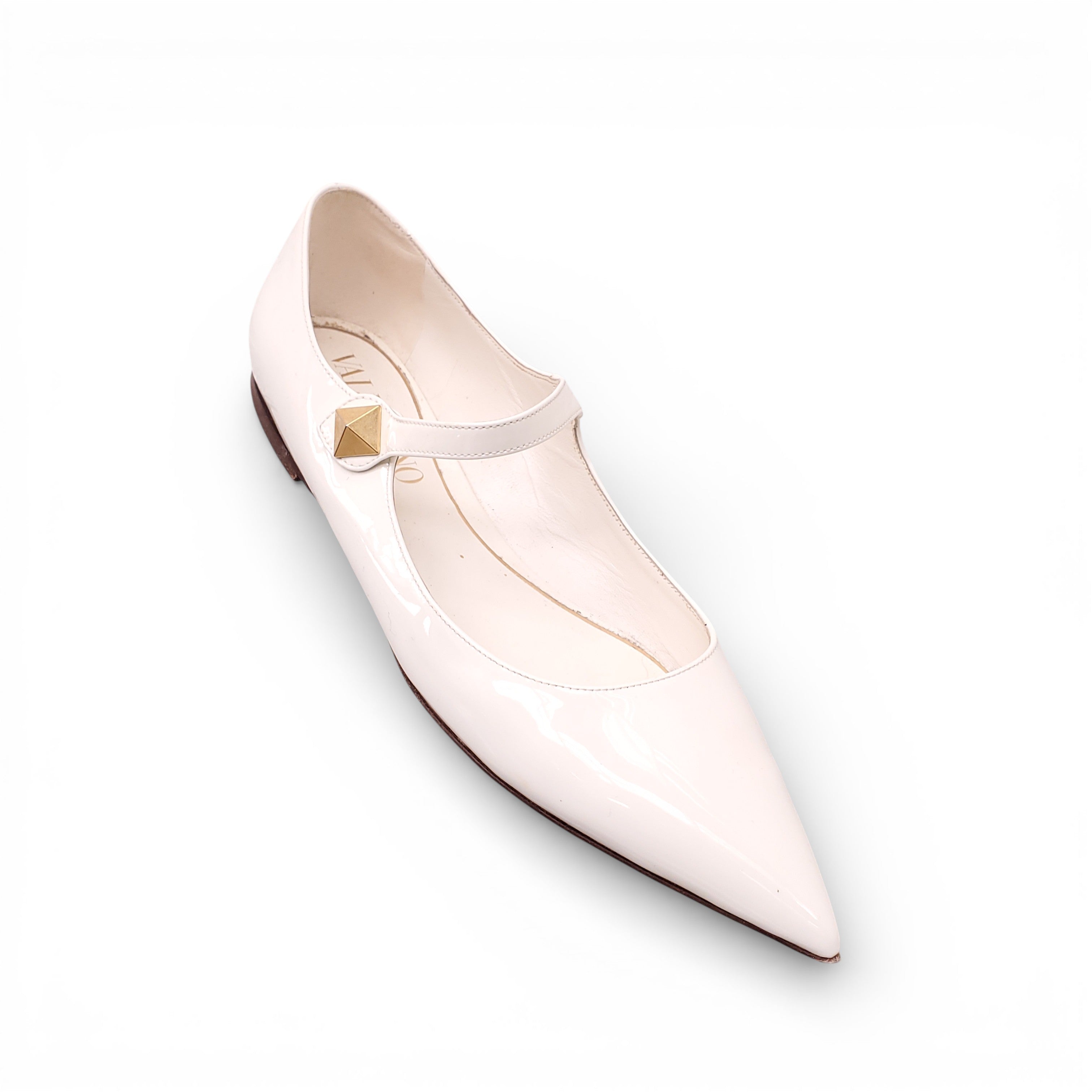 VALENTINO CREAM PATENT ROCKSTUD MARY JANE FLATS - SIZE 39