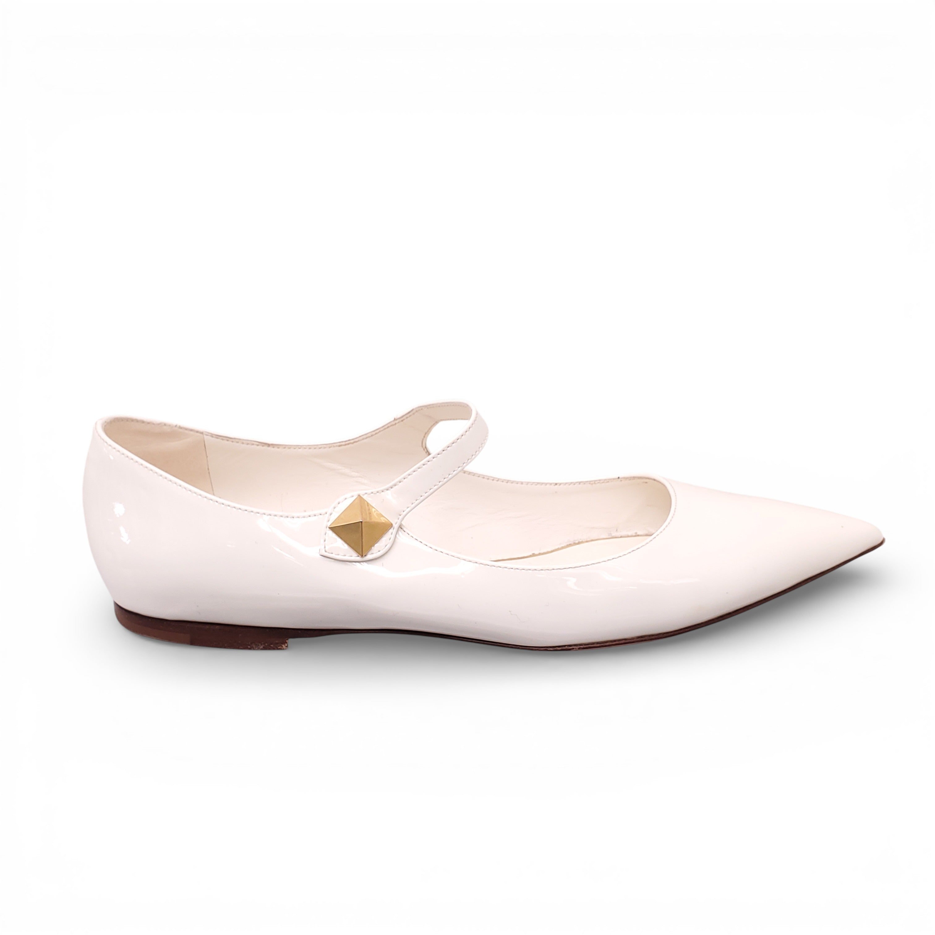 VALENTINO CREAM PATENT ROCKSTUD MARY JANE FLATS - SIZE 39