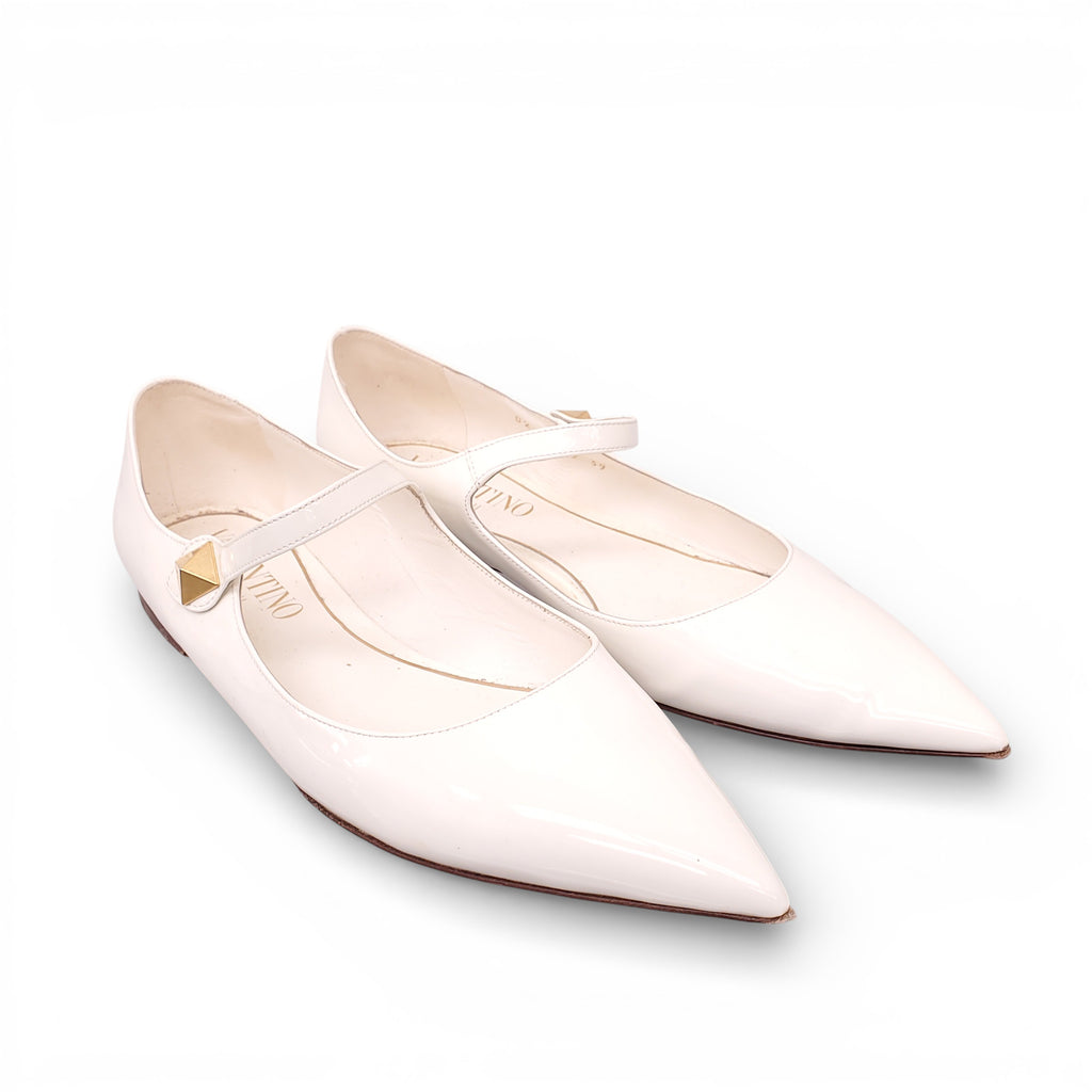 VALENTINO CREAM PATENT ROCKSTUD MARY JANE FLATS - SIZE 39
