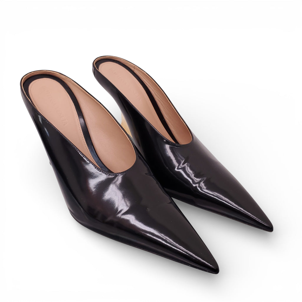 BOTTEGA VENETA BLACK PATENT ROCKET MULES - SIZE 40