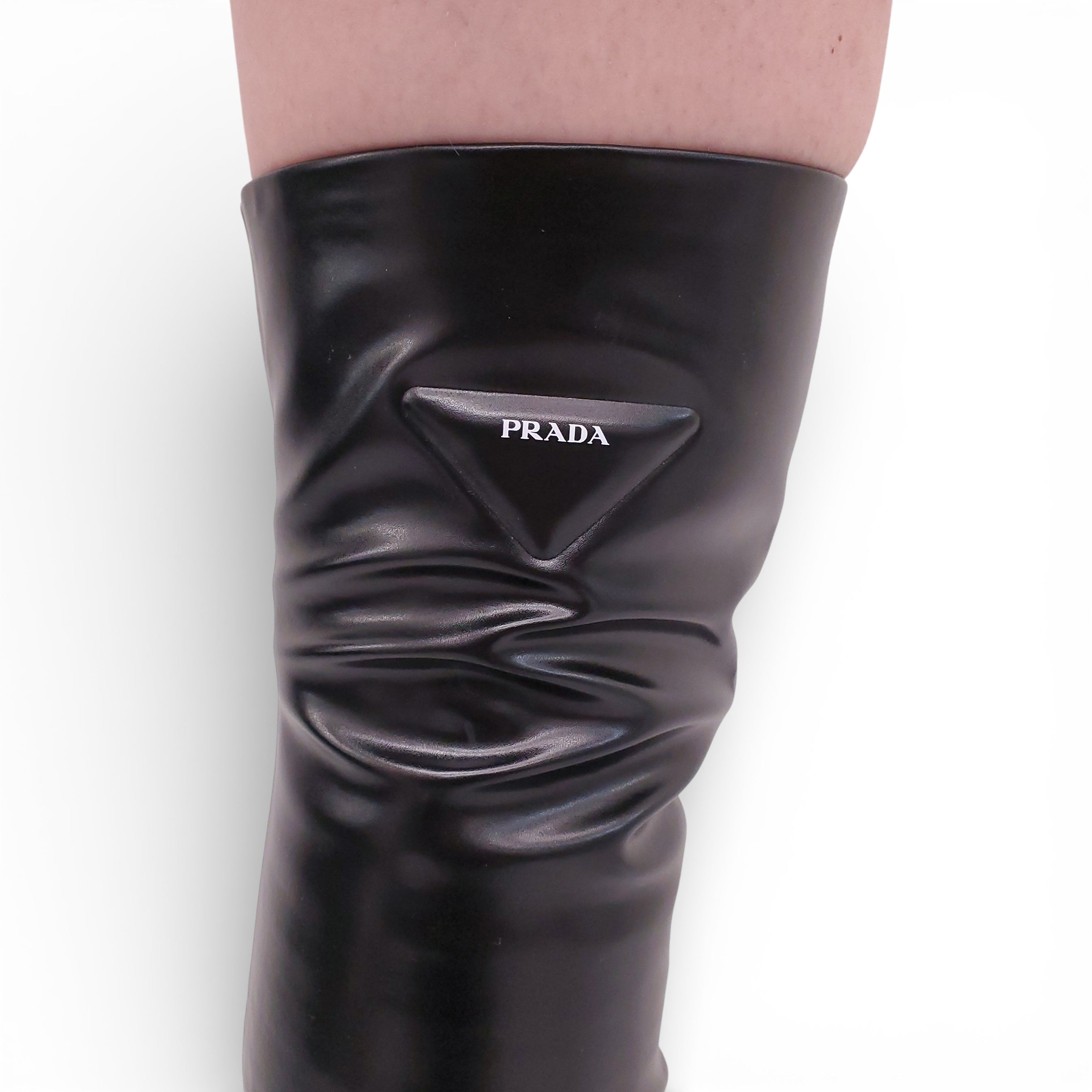 PRADA BLACK LOGO THIGH HIGH BOOTS - SIZE 37.5 – Rewind Couture