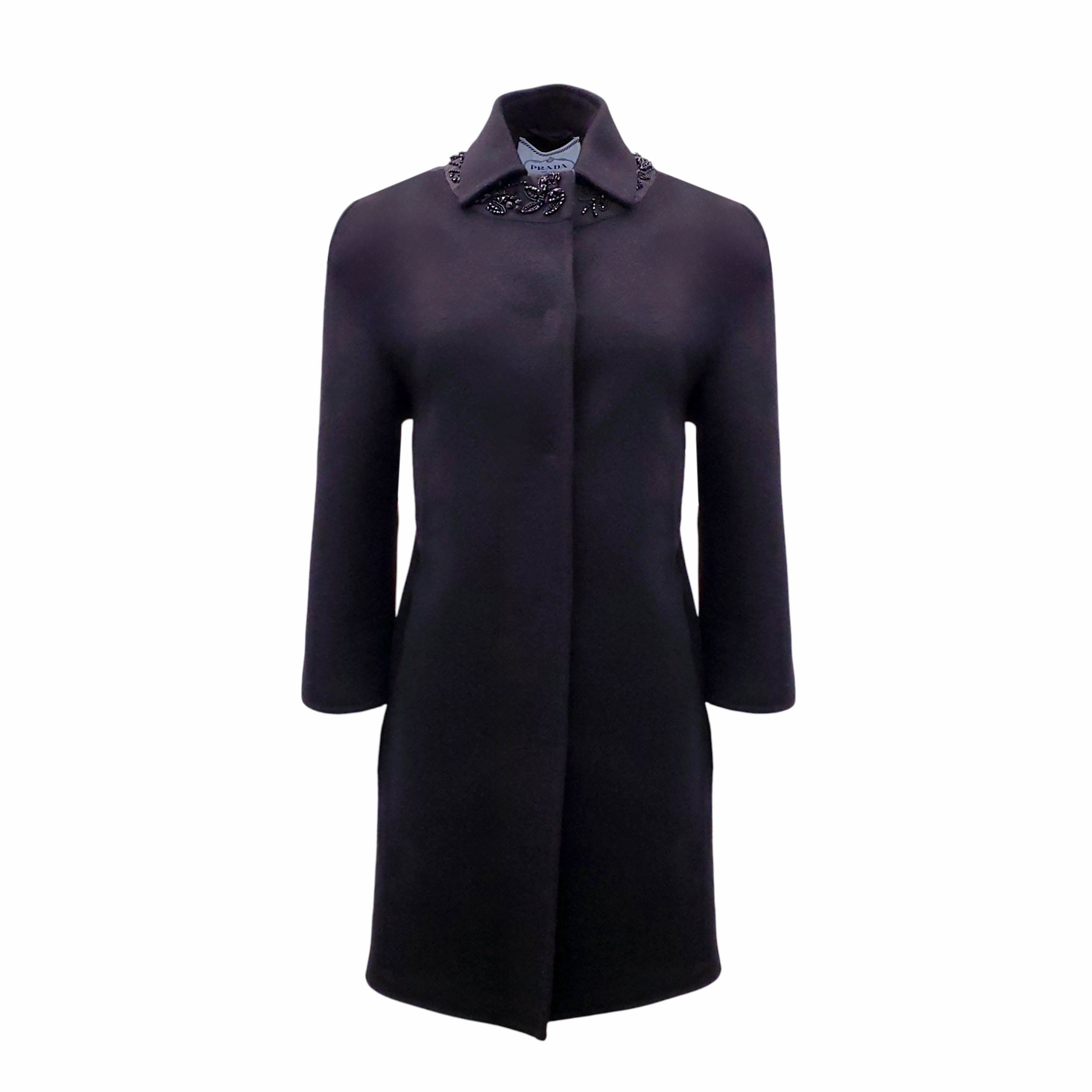 PRADA BLACK WOOL BLEND COAT WITH SILVER STONE DETAIL - SIZE 36