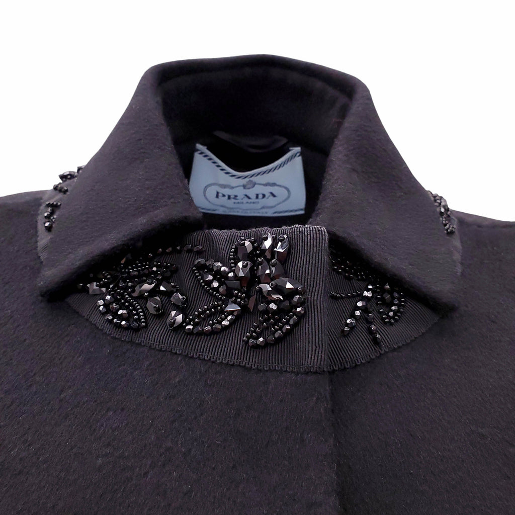 PRADA BLACK WOOL BLEND COAT WITH SILVER STONE DETAIL - SIZE 36