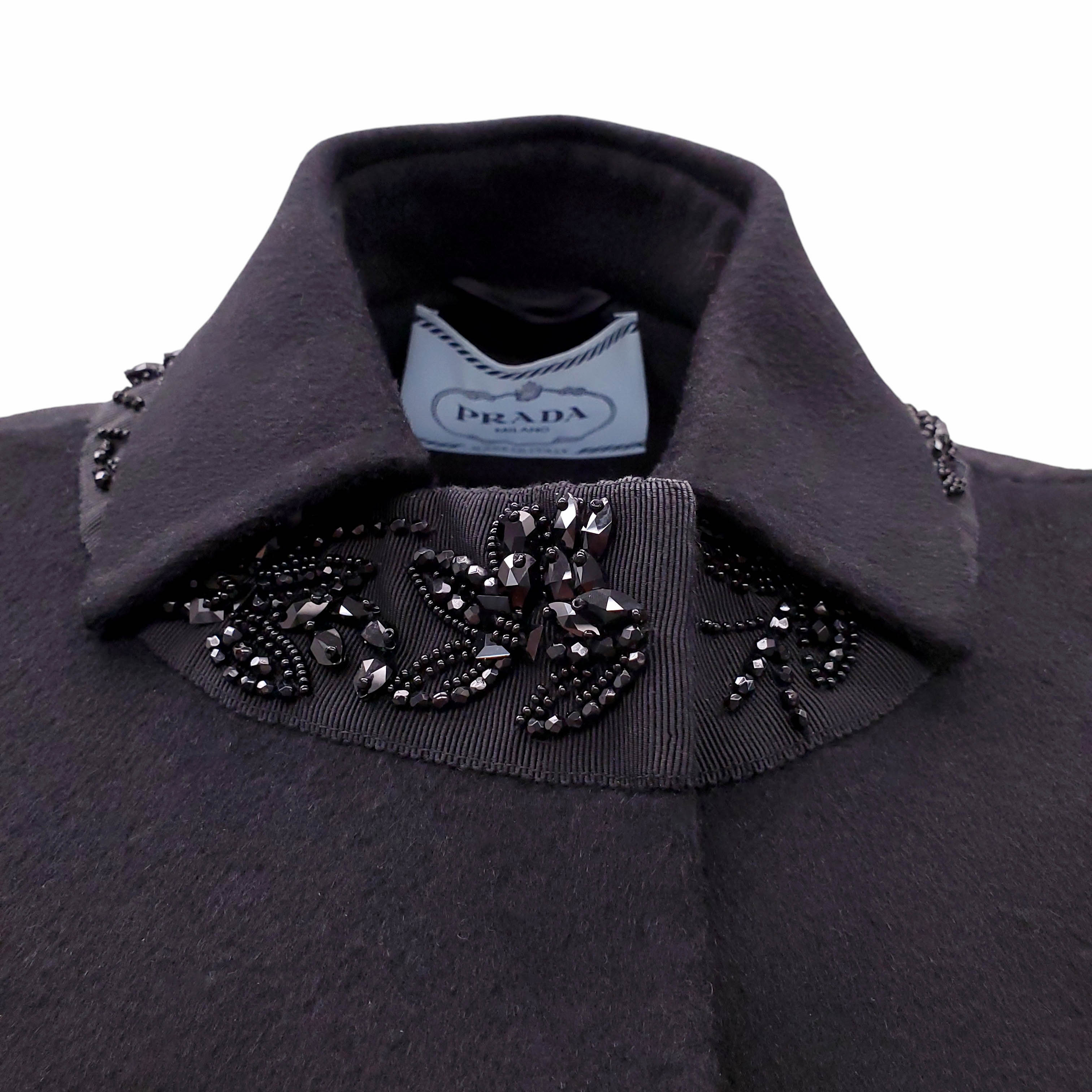 PRADA BLACK WOOL BLEND COAT WITH SILVER STONE DETAIL - SIZE 36