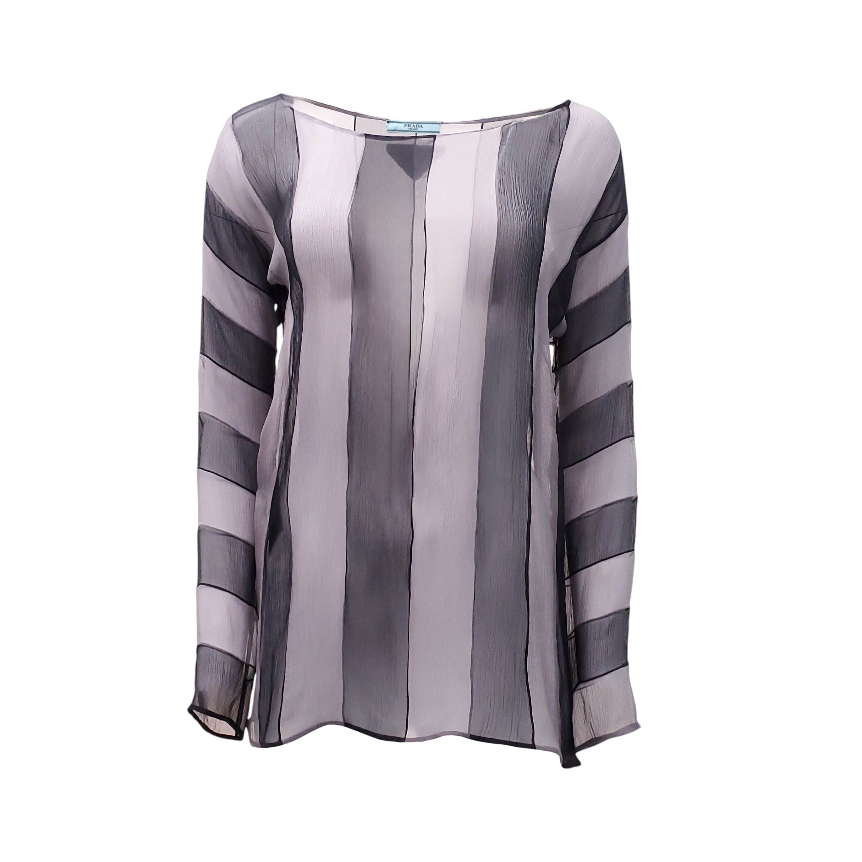 PRADA SILK STRIPED SHEER BLOUSE WITH LOGO DETAIL - SIZE 42