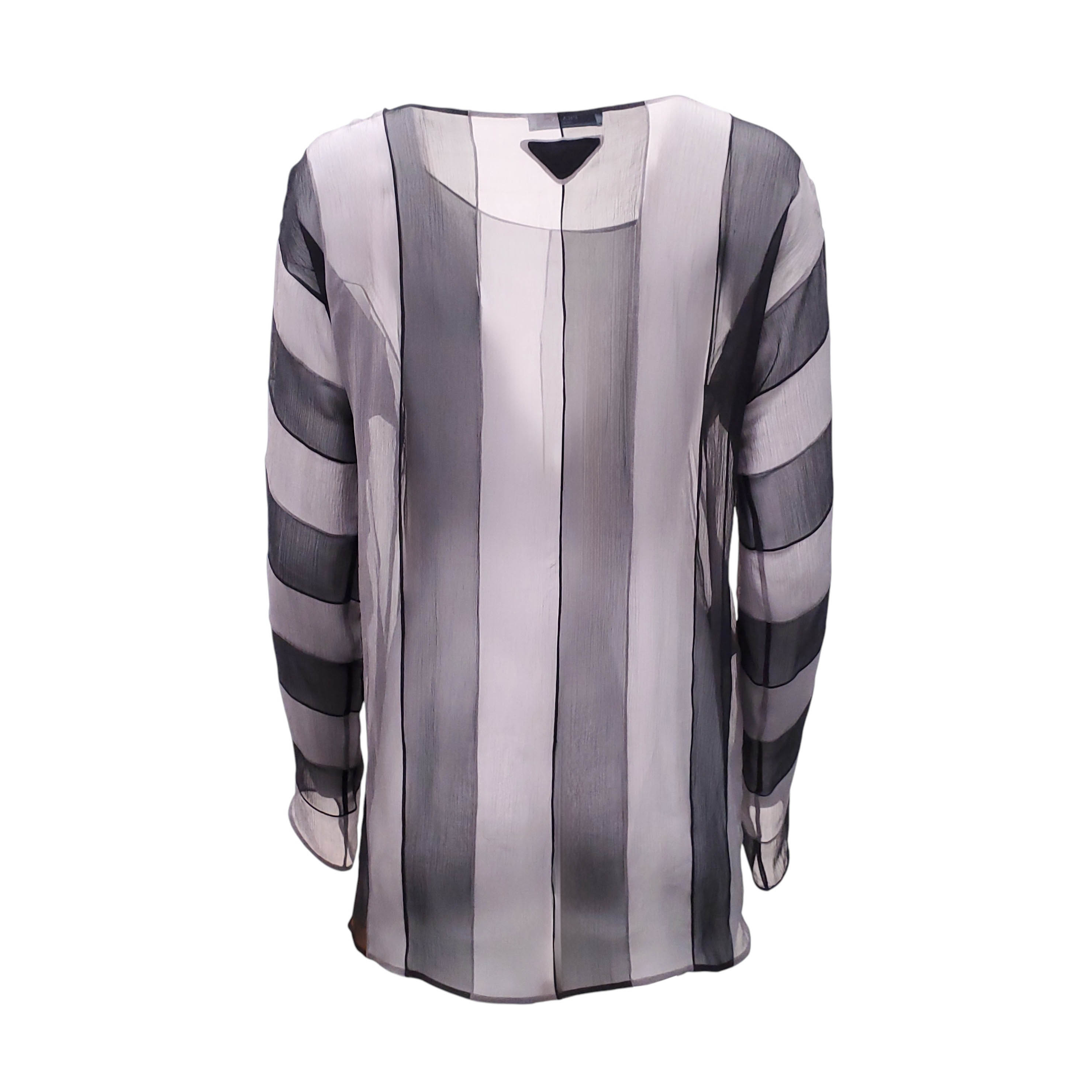 PRADA SILK STRIPED SHEER BLOUSE WITH LOGO DETAIL - SIZE 42