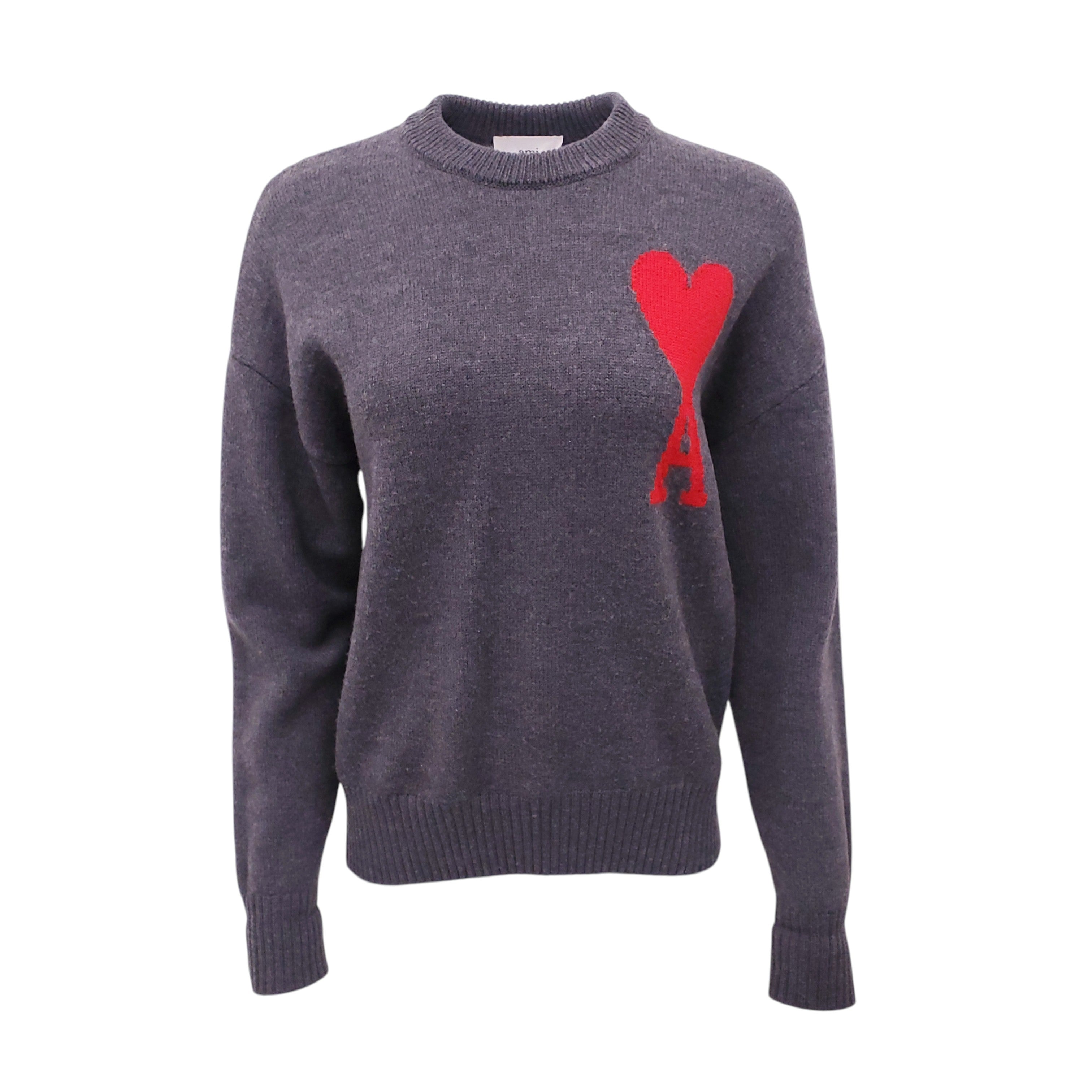 AMI PARIS GREY AND RED LOGO KNIT SWEATER - SIZE S
