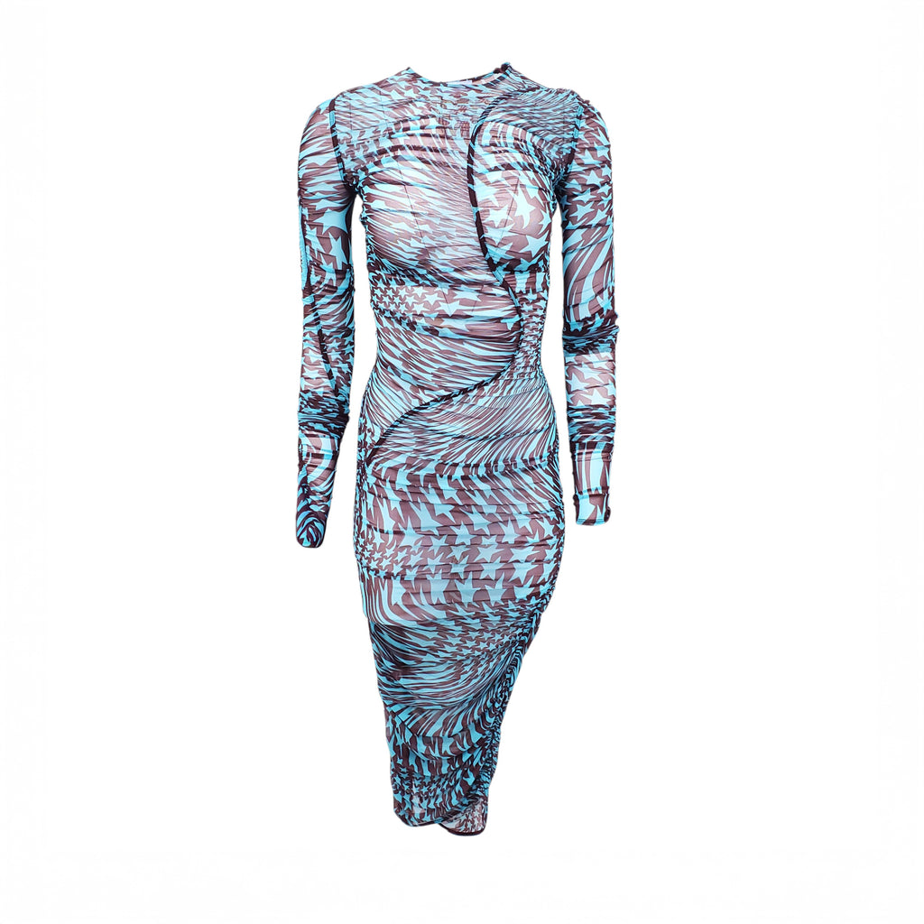 MUGLER BLUE STAR PATTERN RUCHED SHEER DRESS - SIZE 34