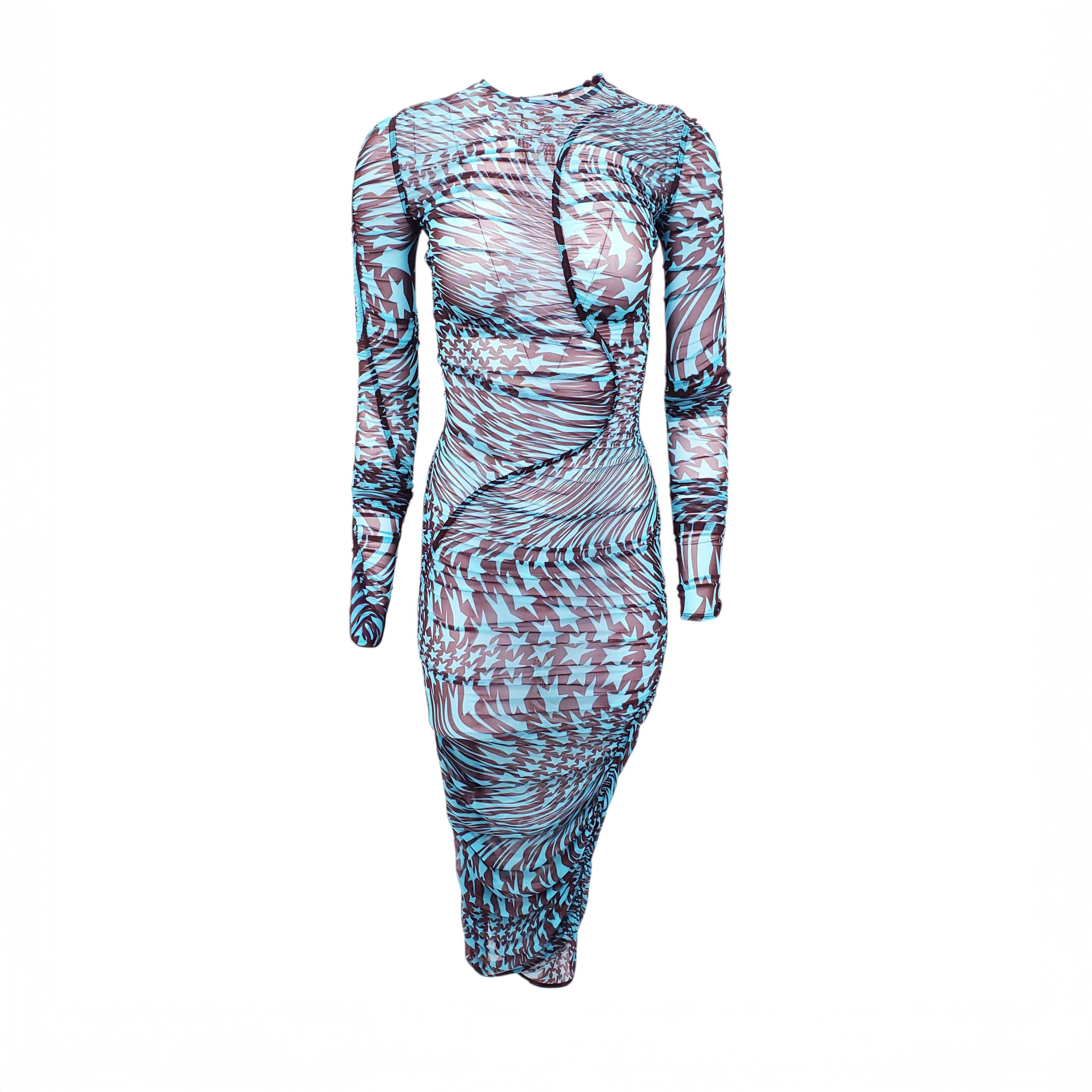 MUGLER BLUE STAR PATTERN RUCHED SHEER DRESS - SIZE 34