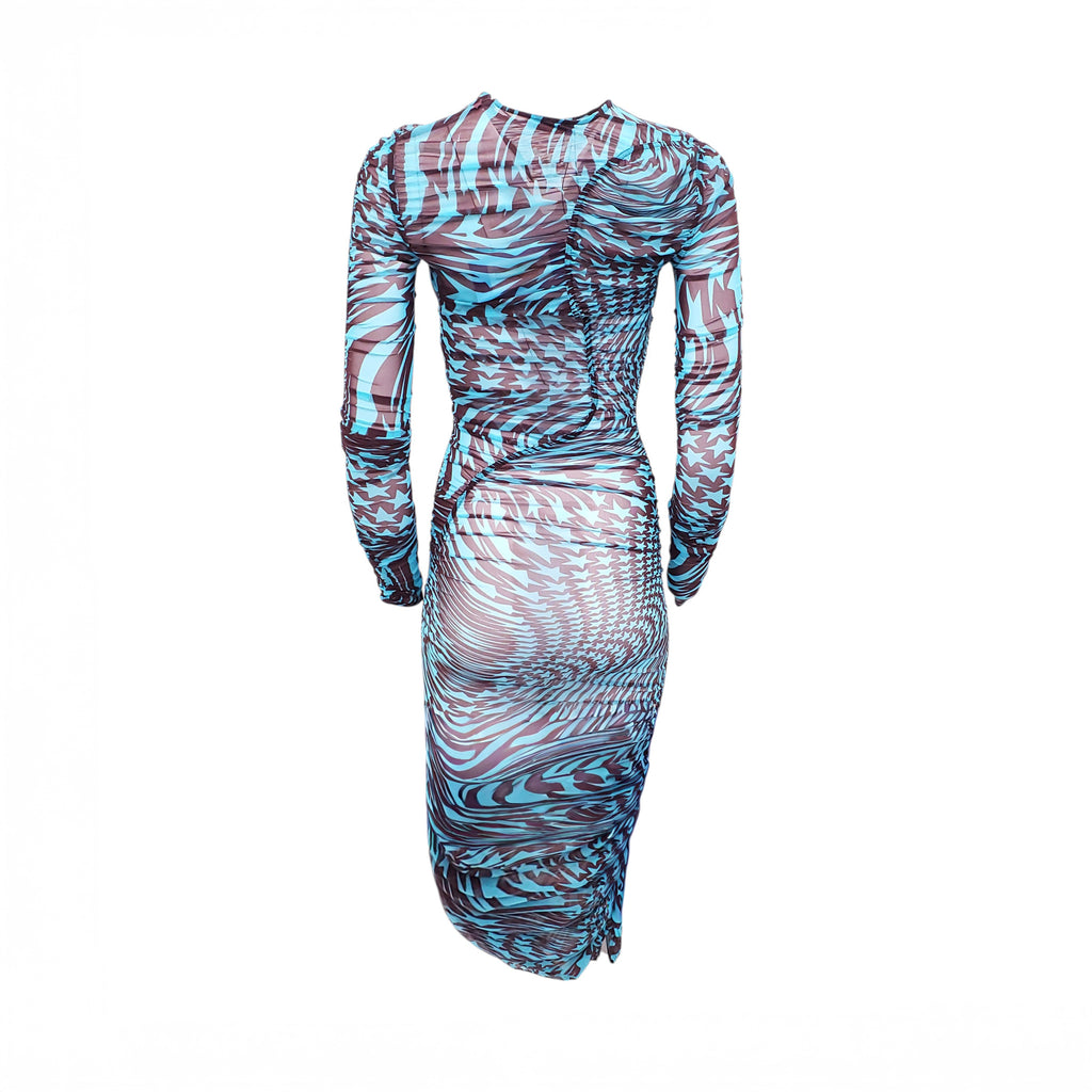 MUGLER BLUE STAR PATTERN RUCHED SHEER DRESS - SIZE 34