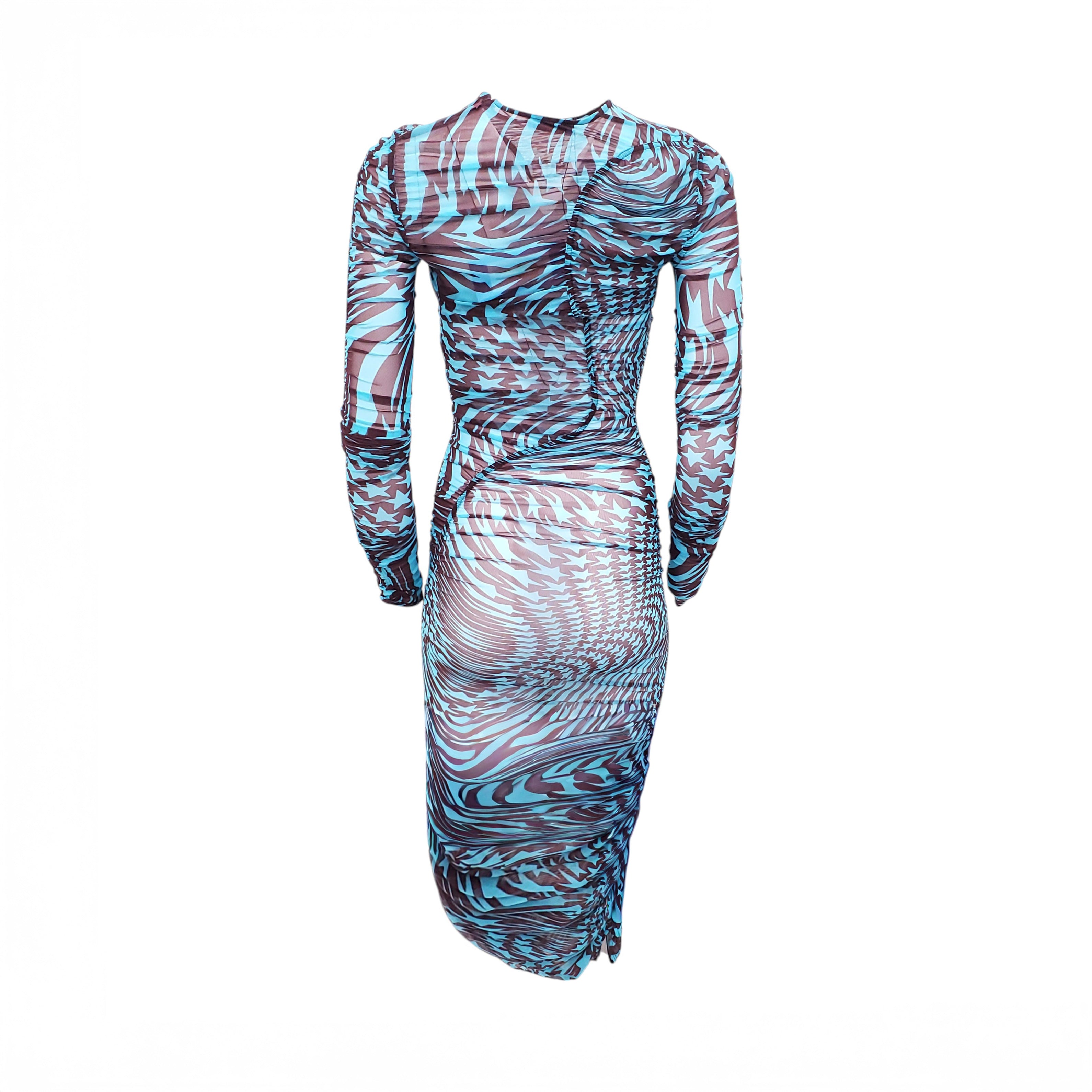 MUGLER BLUE STAR PATTERN RUCHED SHEER DRESS - SIZE 34