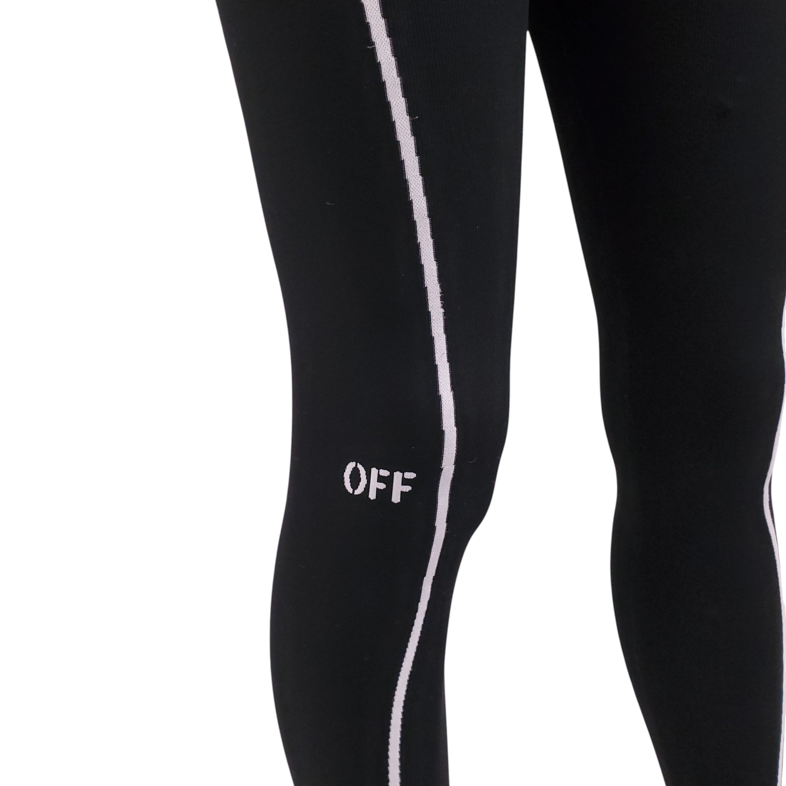 OFF-WHITE BLACK LOGO LEGGINGS WITH WHITE STRIPE DETAIL - SIZE S