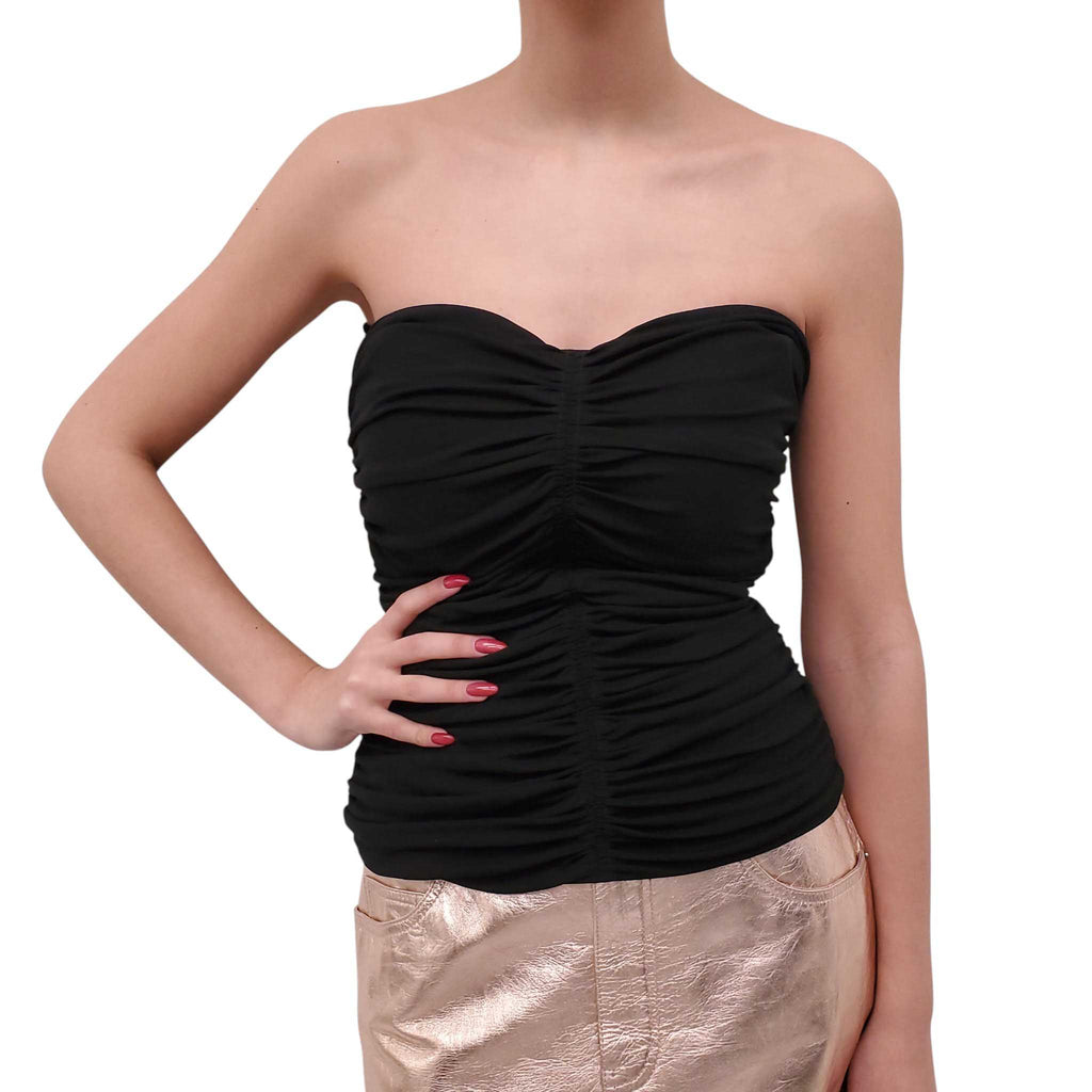 SAINT LAURENT BLACK RUCHED BUSTIER TOP - SIZE 40
