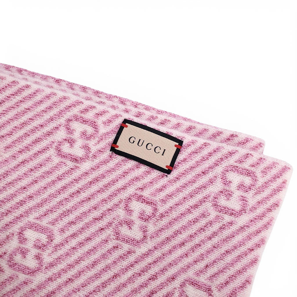 GUCCI PINK METALLIC STRIPE LOGO HAT AND SCARF - SIZE M