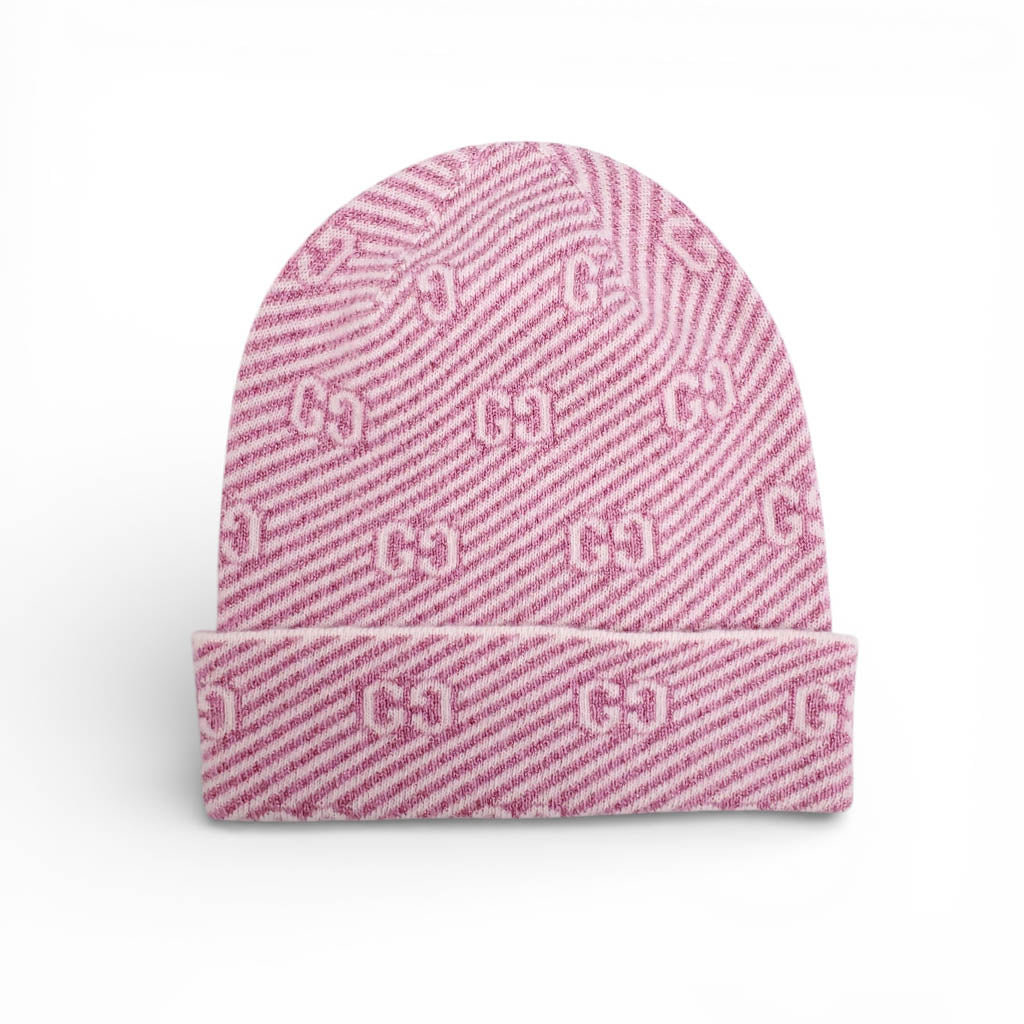 GUCCI PINK METALLIC STRIPE LOGO HAT AND SCARF - SIZE M