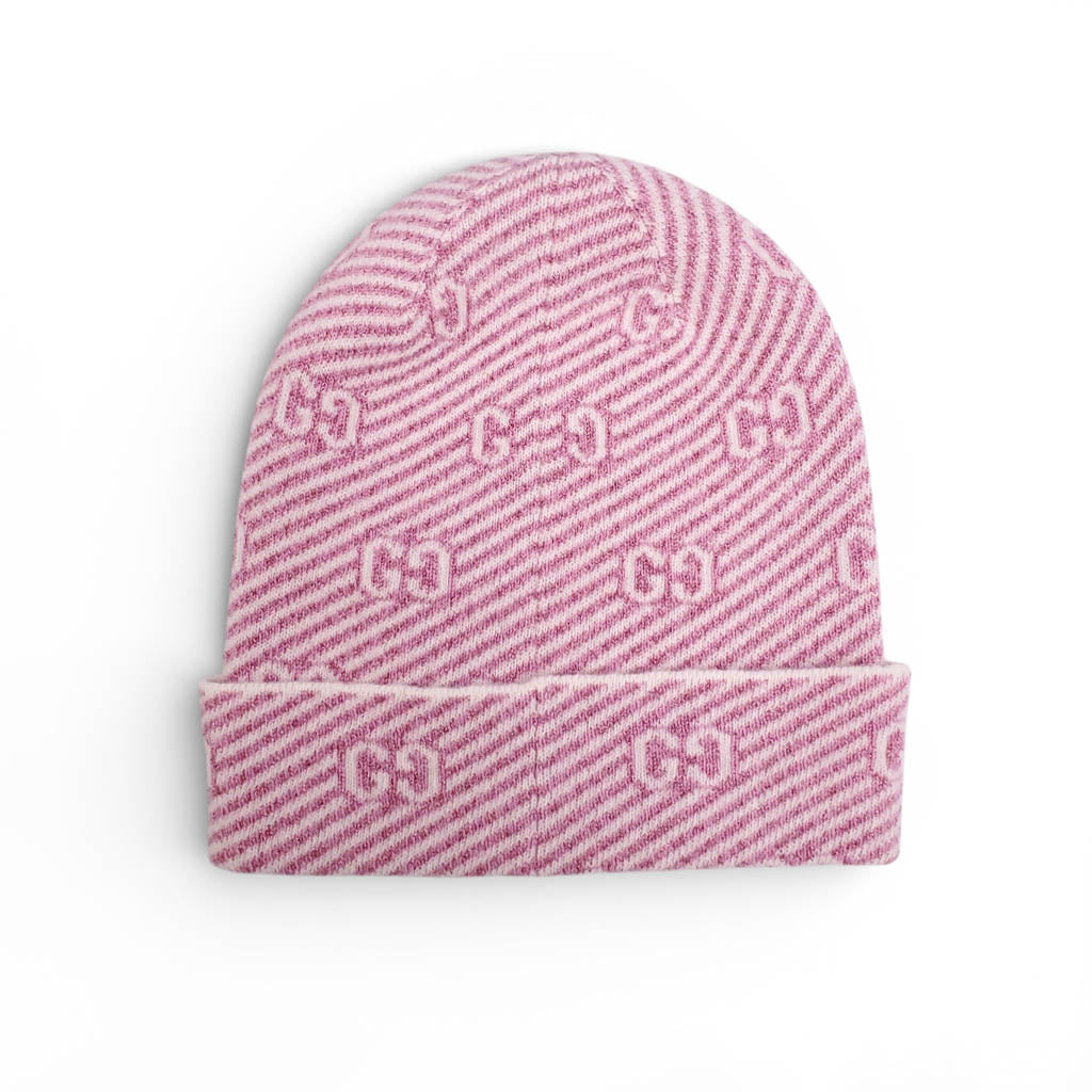 GUCCI PINK METALLIC STRIPE LOGO HAT AND SCARF - SIZE M