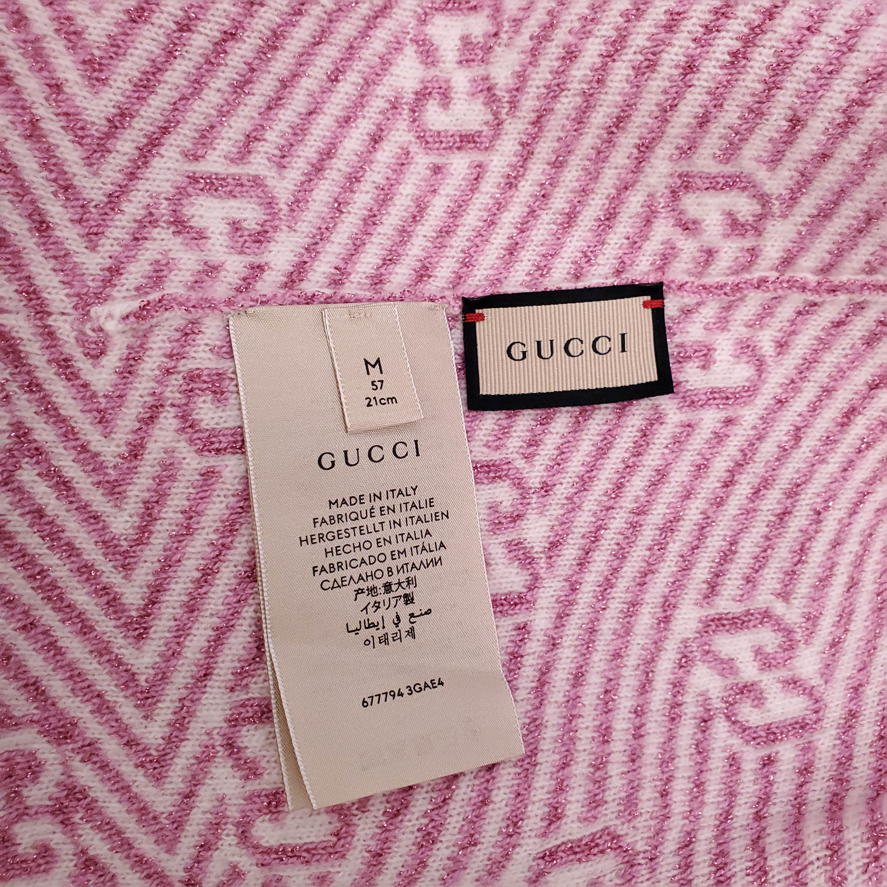 GUCCI PINK METALLIC STRIPE LOGO HAT AND SCARF - SIZE M