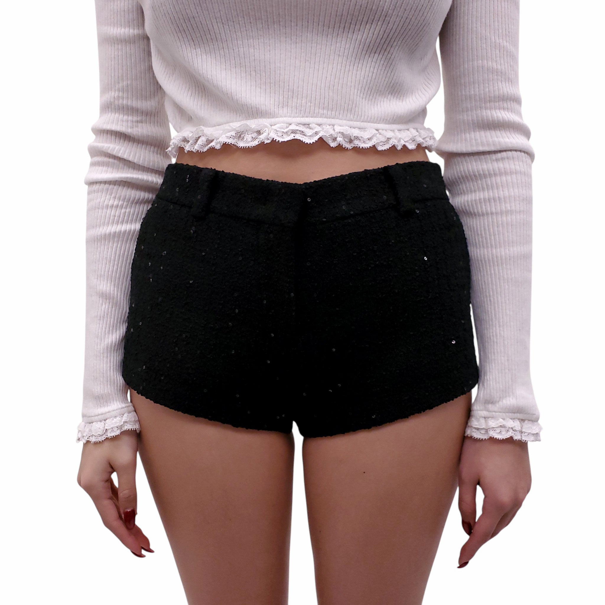 MIU MIU BLACK SEQUIN TWEED MINI SHORTS WITH LOGO - SIZE 42