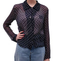 MIU MIU NAVY AND WHITE POLKA DOT SHEER LOGO BLOUSE - SIZE M