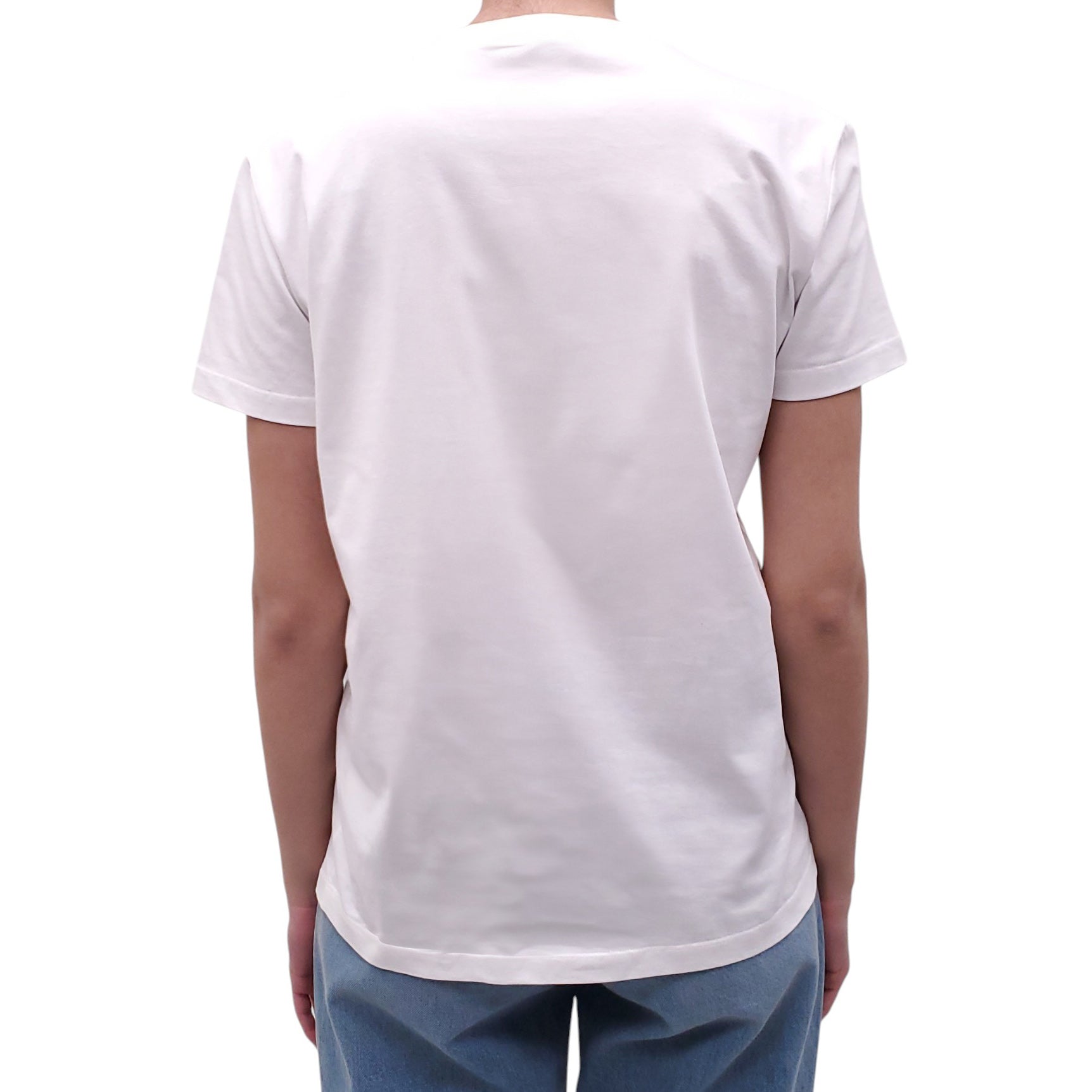 MIU MIU WHITE LOGO T-SHIRT WITH CRYSTAL AND PEARL BOW DETAILS