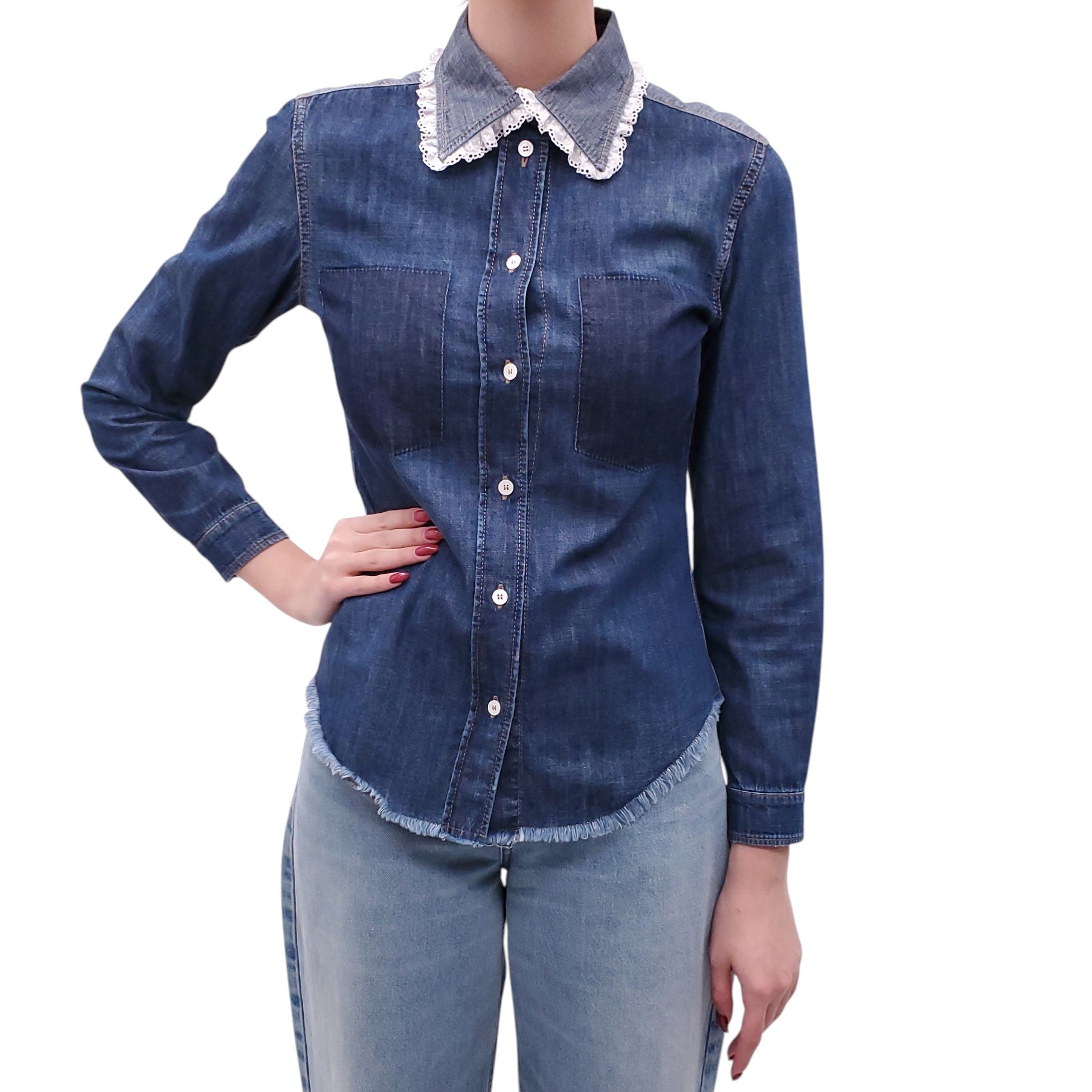 MIU MIU DENIM BLOUSE WITH LACE EYELET DETAIL - SIZE 38