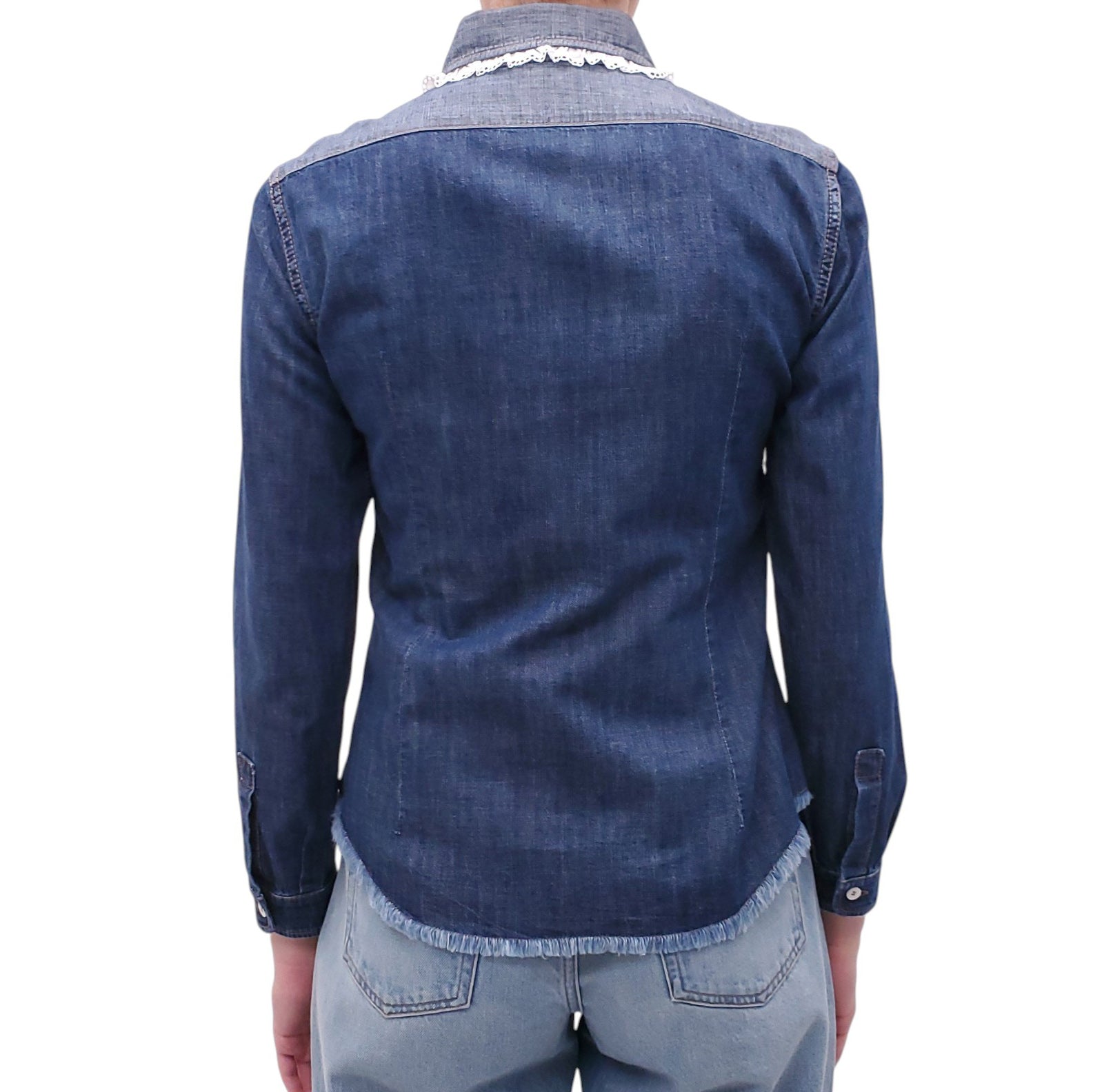 MIU MIU DENIM BLOUSE WITH LACE EYELET DETAIL - SIZE 38
