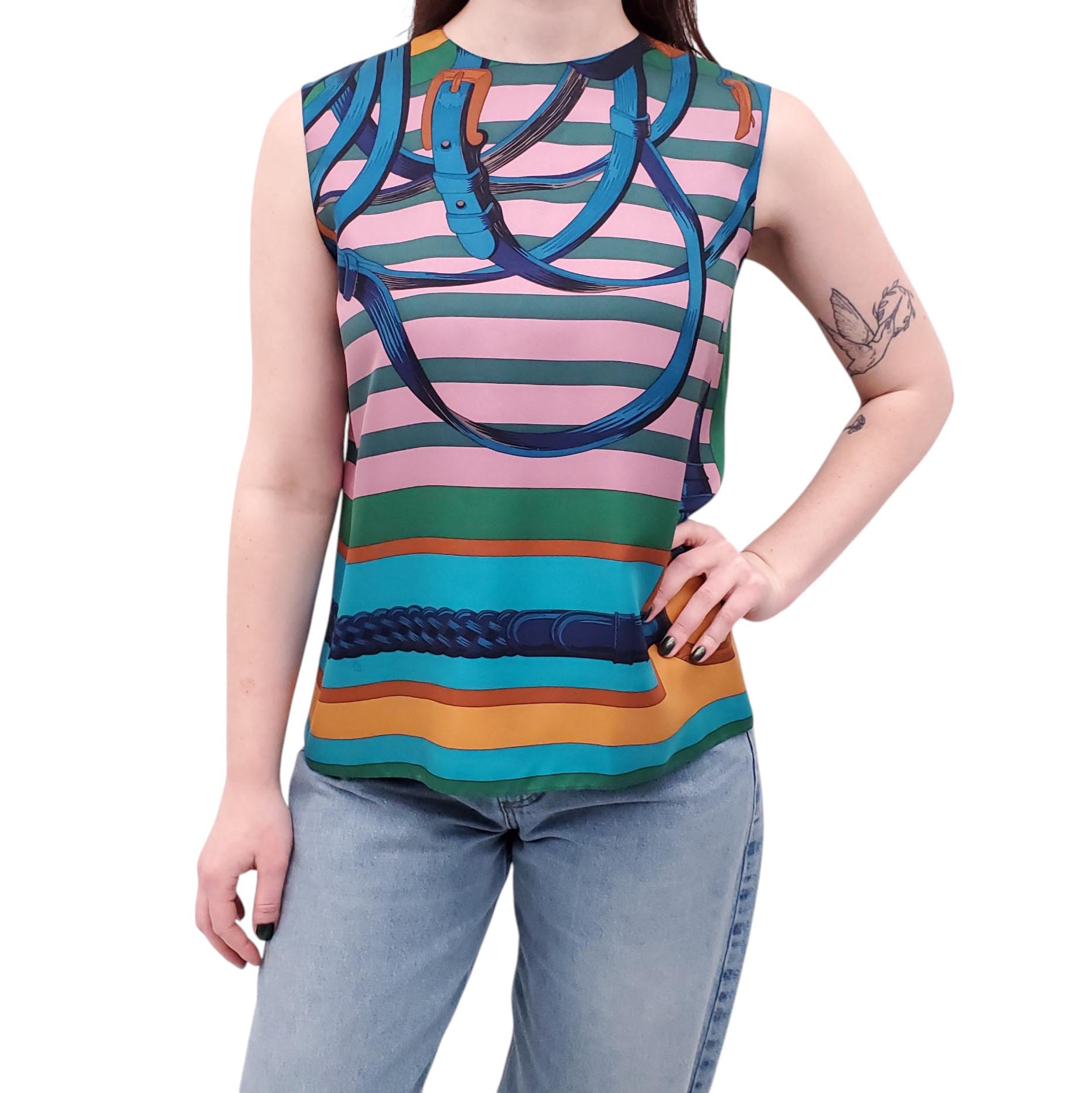 HERMÈS SILK MULTI-COLOUR BELT PRINT SLEEVELESS BLOUSE - SIZE 36