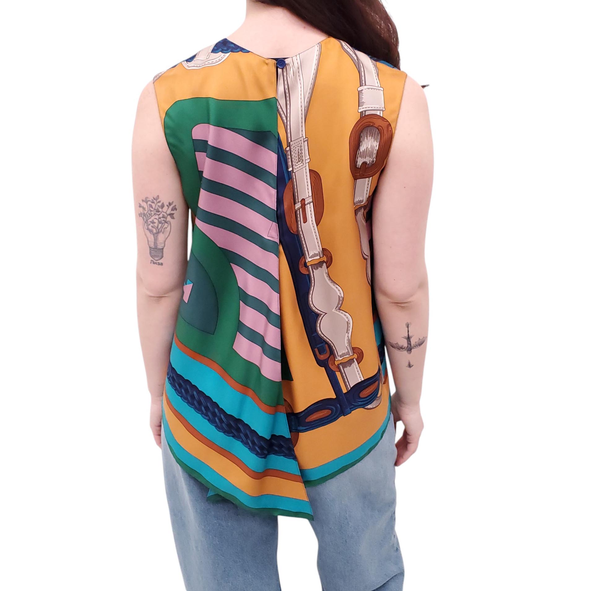 HERMÈS SILK MULTI-COLOUR BELT PRINT SLEEVELESS BLOUSE - SIZE 36