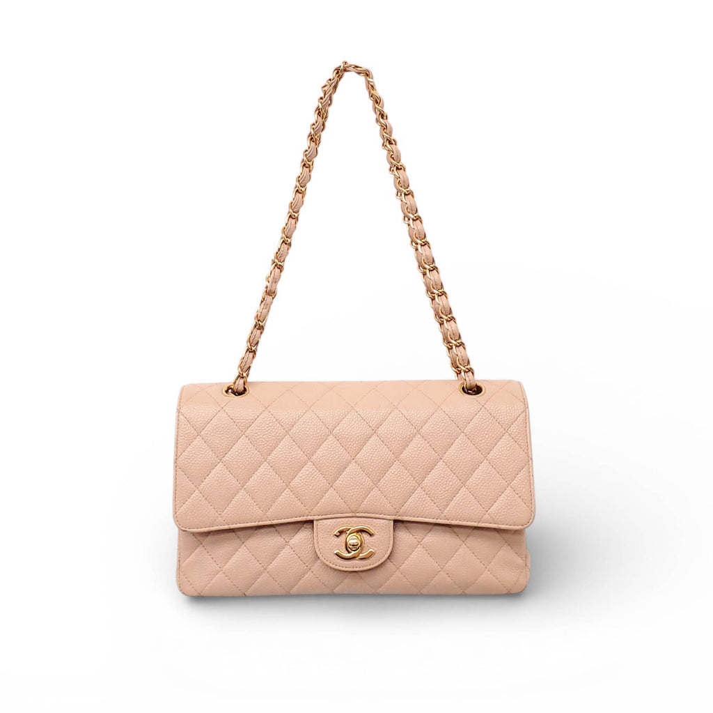 CHANEL VINTAGE CLASSIC BEIGE QUILTED CAVIAR MEDIUM DOUBLE FLAP BAG