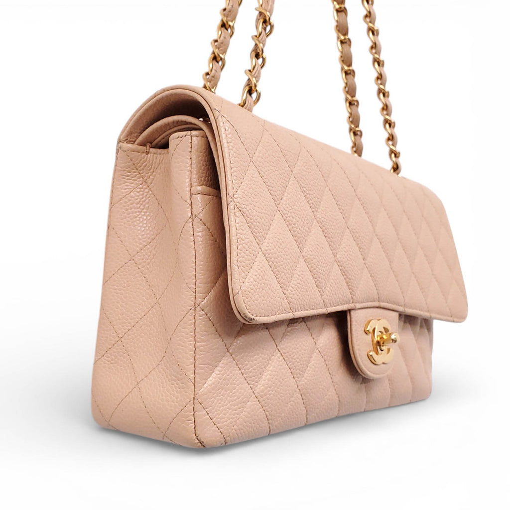 CHANEL VINTAGE CLASSIC BEIGE QUILTED CAVIAR MEDIUM DOUBLE FLAP BAG
