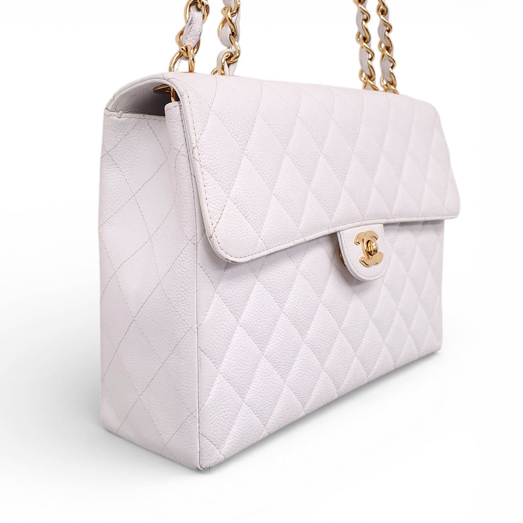 CHANEL VINTAGE CLASSIC WHITE QUILTED CAVIAR JUMBO SINGLE FLAP BAG